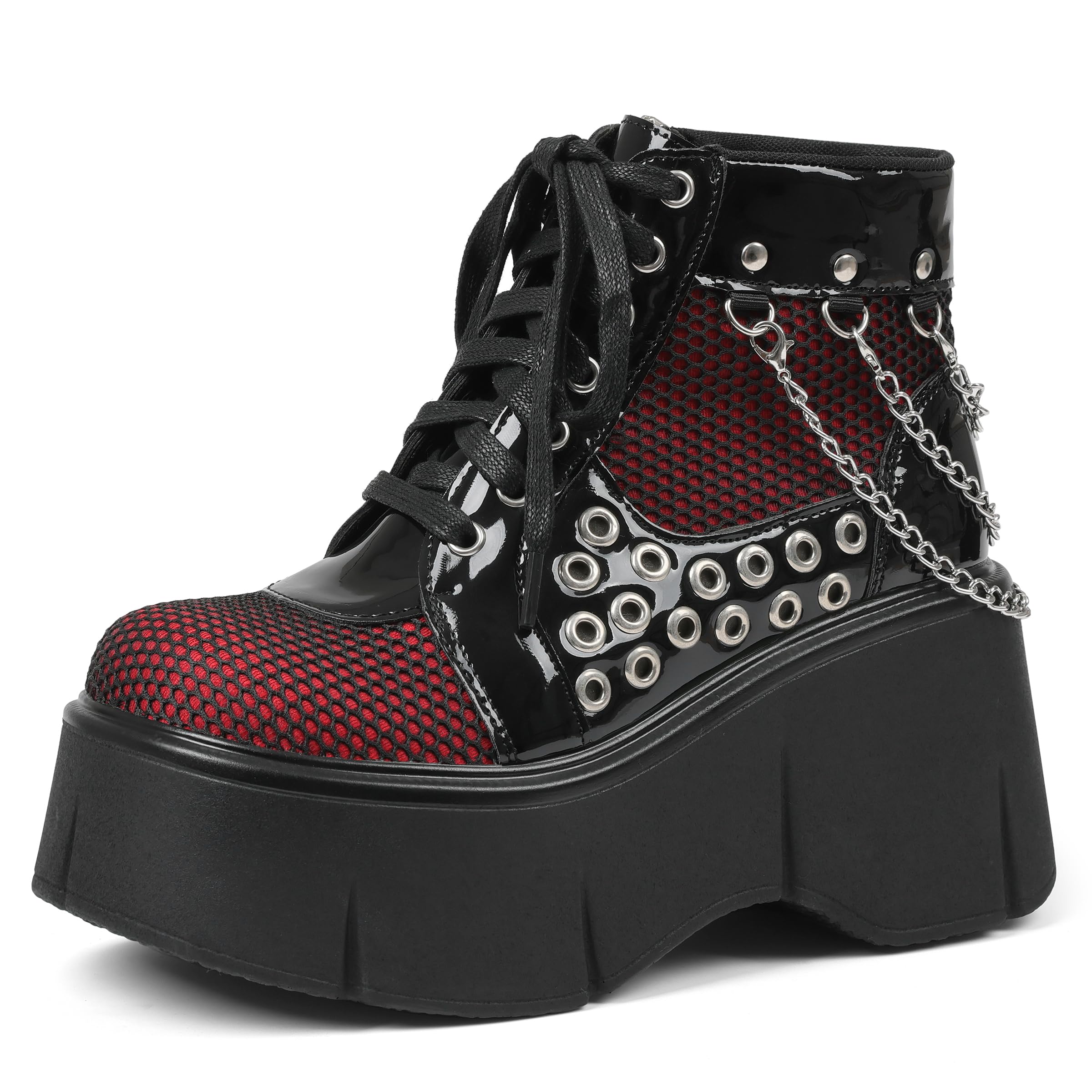 Women's Black Platform Boots Wedge Goth Round Toe Lace Up Chain Mesh Punk Combat Ankle Booties-image-22