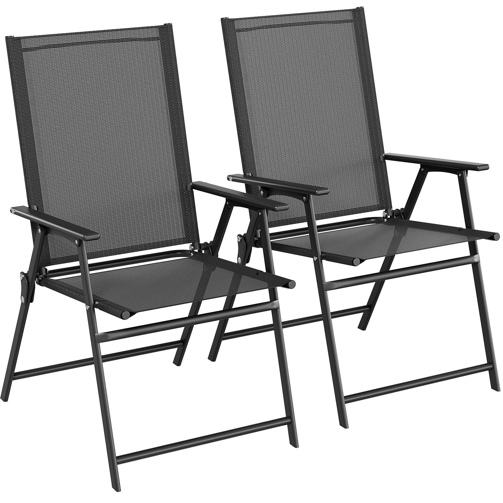 TLSUNNY Patio Folding Chairs Set, Outdoor Garden Chairs W/Breathable & Showerproof Textilene, Carbon Steel Armrests & High Back, Foldaway Balcony Chair for Bistro, Beach, Poolside, Camping (2, Black)