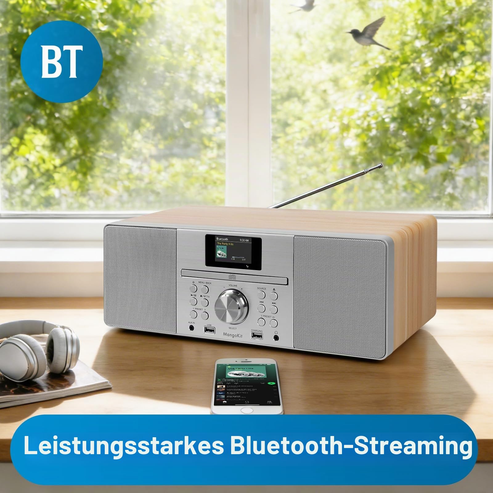 MS1 CD Player,DAB/DAB+und UKW Radio, Bluetooth, leistungsstarkem Stereo-HiFi-System,Farbdisplay,60 Speicherplätzen, Fernbedienung, Gehäuse aus Akustikholz, AUX In, USB Wiedergabe & Aufladungn