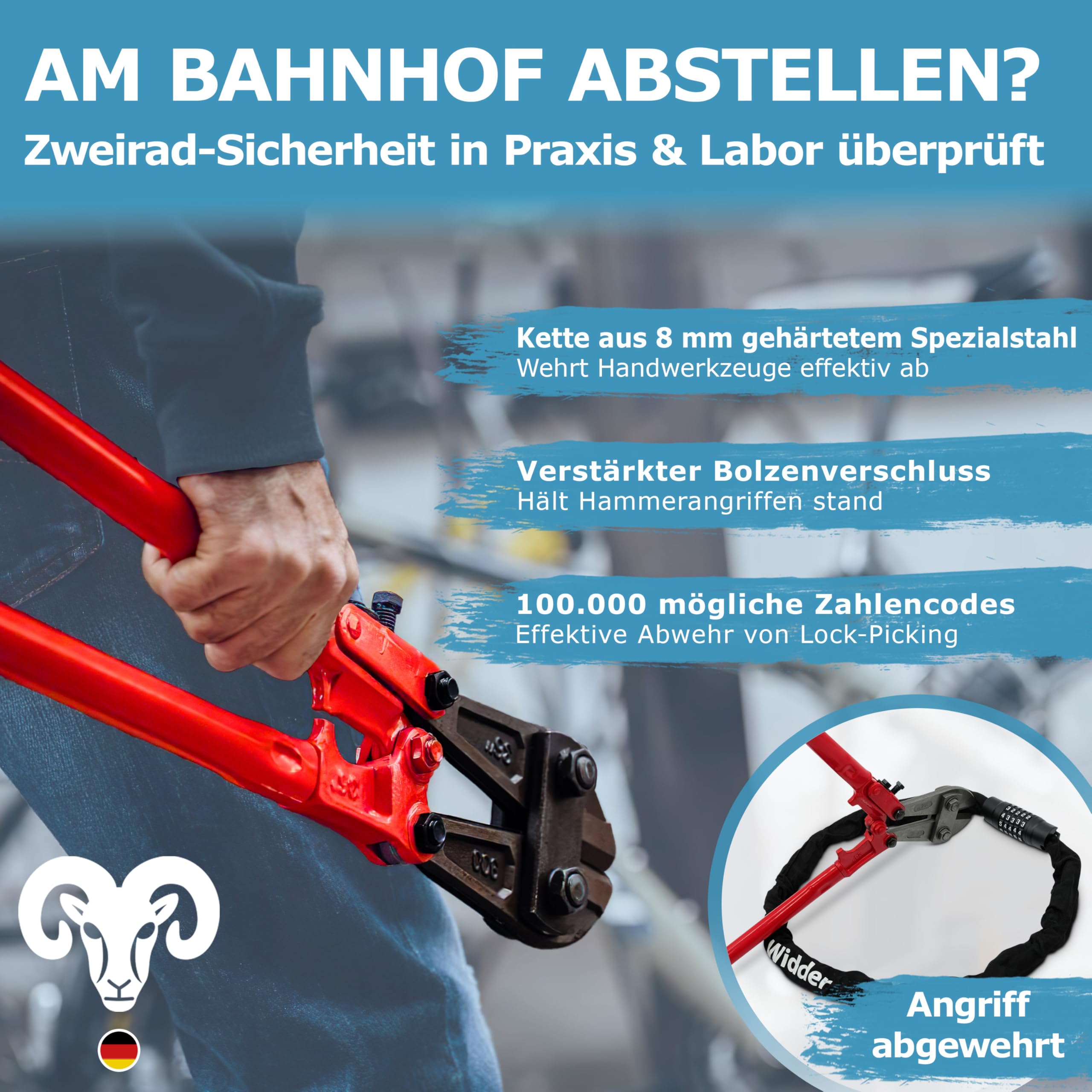 WIDDER Antivol à chaîne sécurisé de 8 mm avec code numérique (120 cm de long, roues à chiffres extra larges, chaîne en acier trempé) – Antivol pour vélo à chiffres haute sécurité – Antivol à