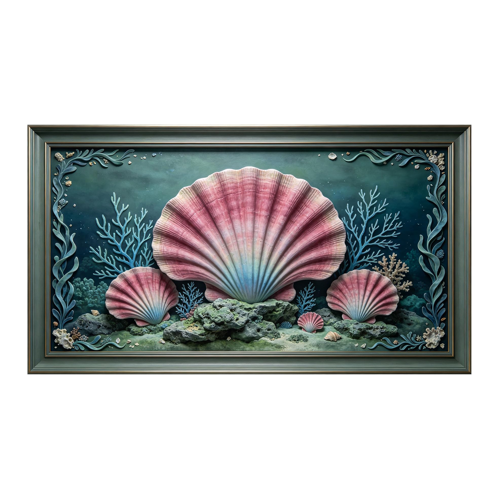 Murasolite 3D Framed Wall Art Ocean Coral Seashell Seascape SelfAdhesive Fabric Mural Wall Decor， Peel and Stick No Damage to Wall， AntiFall Safe Design for Bedroom Living Room