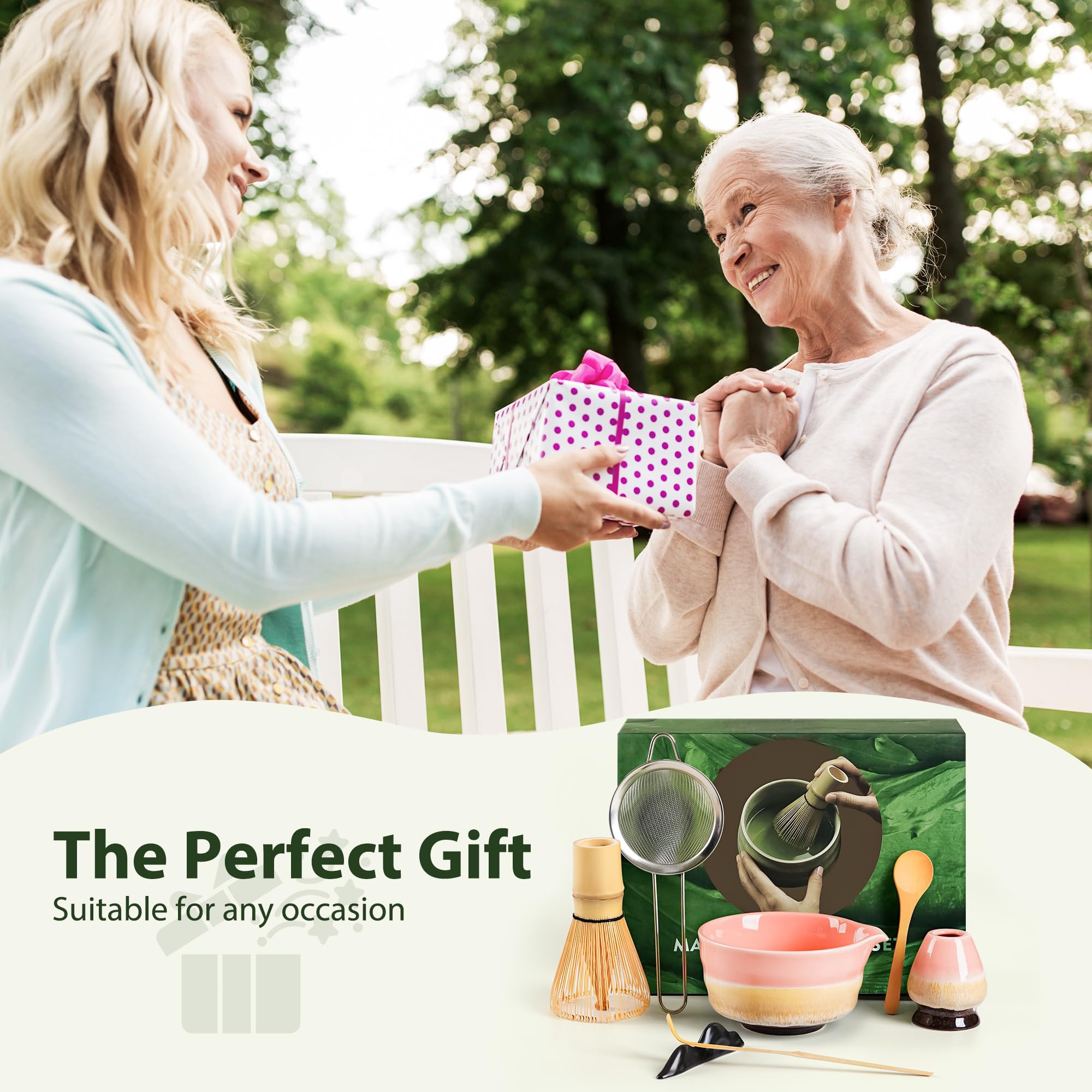 Matcha Kit para Principiantes - Set de 7 Piezas Incluye: Tazón (Chawan), Batidor de Bambú (Chasen), Cuchara, Tamiz, Soportes y Base - Kit de Té Matcha Artesanal