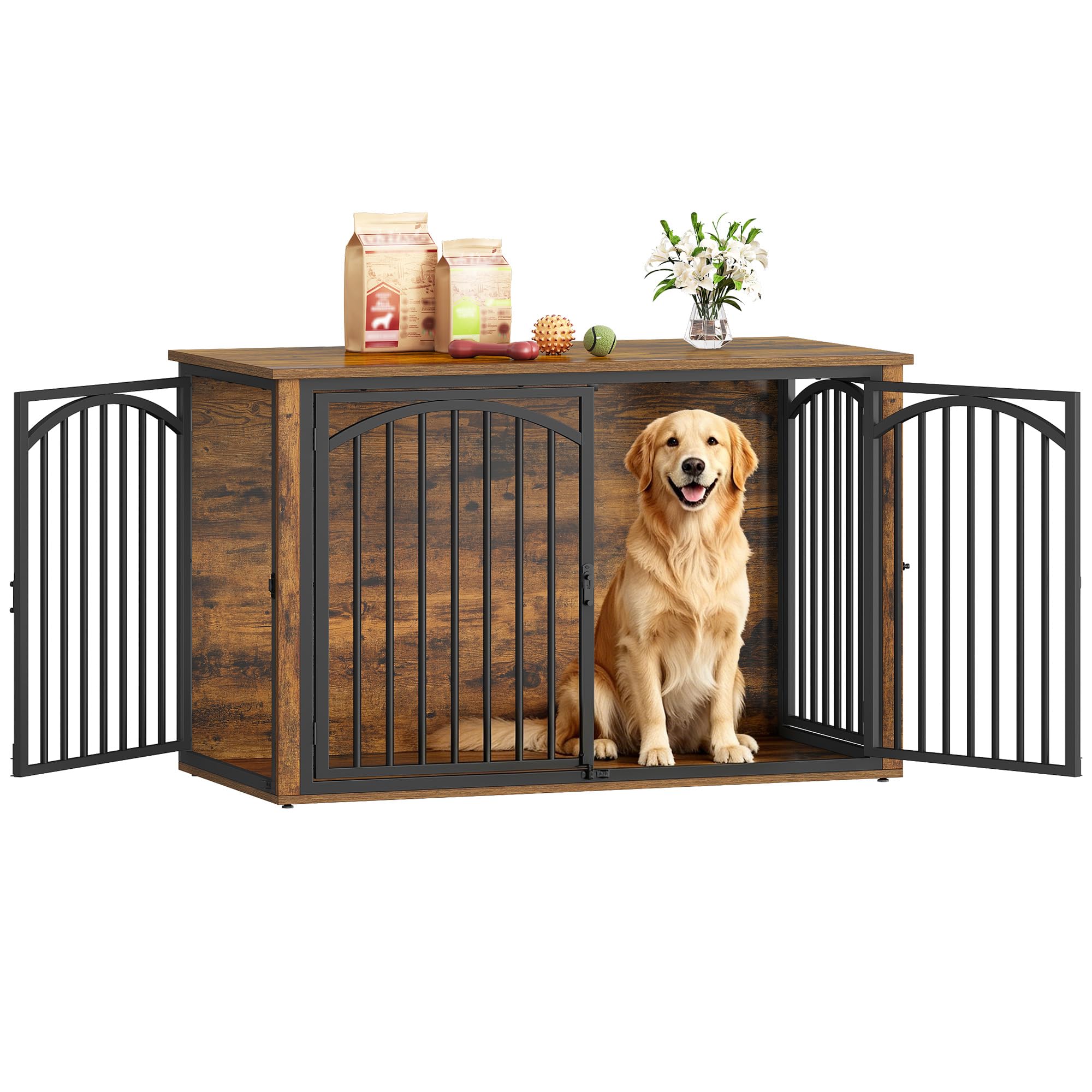 Fobyfurny Dog Crate Furniture, 120cm 4-Door, Rustic Brown & Black
