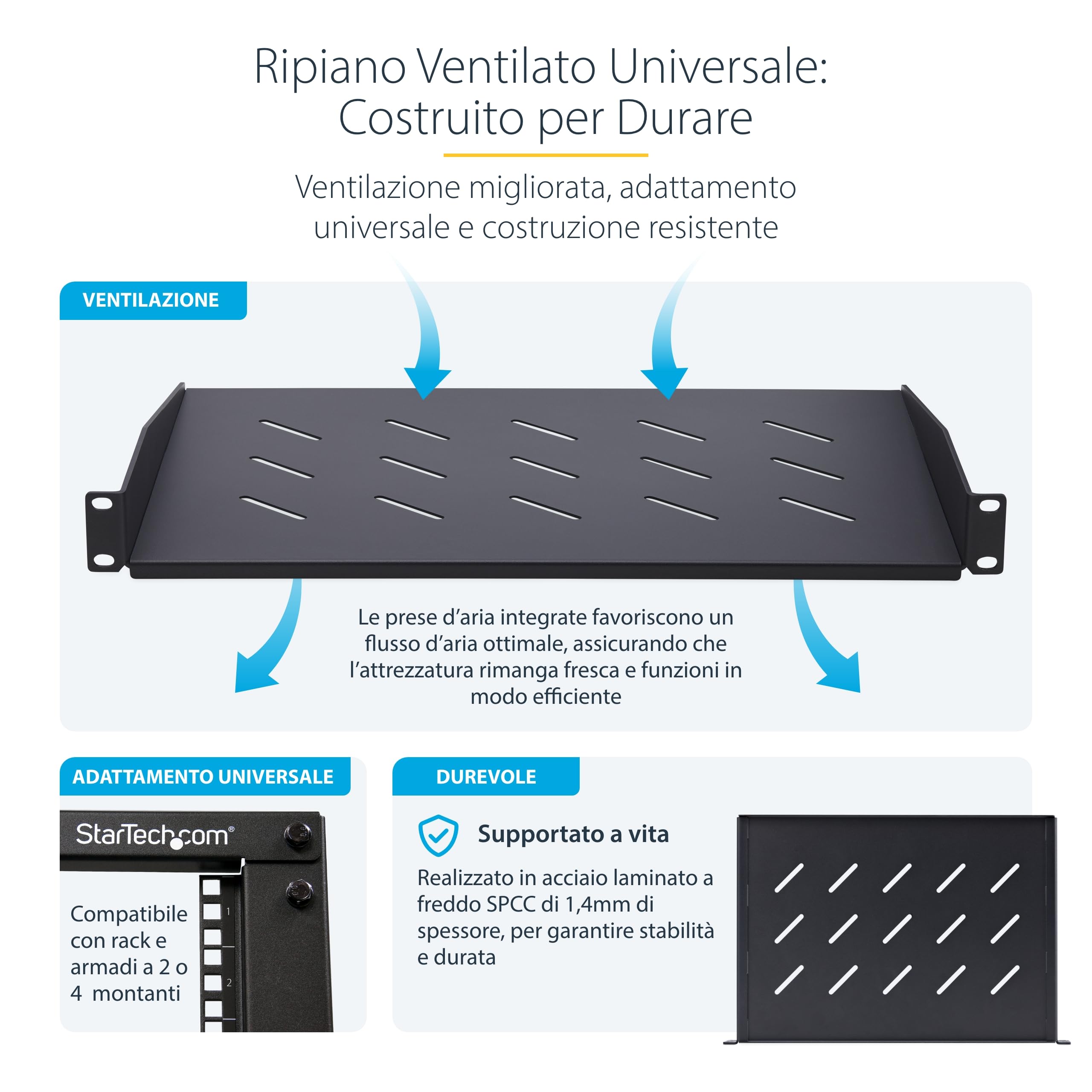 StarTech.com Ripiano Rack 19" 1U Ventilato, Mensola per Armadio di Rete 11,3kg 31,5cm