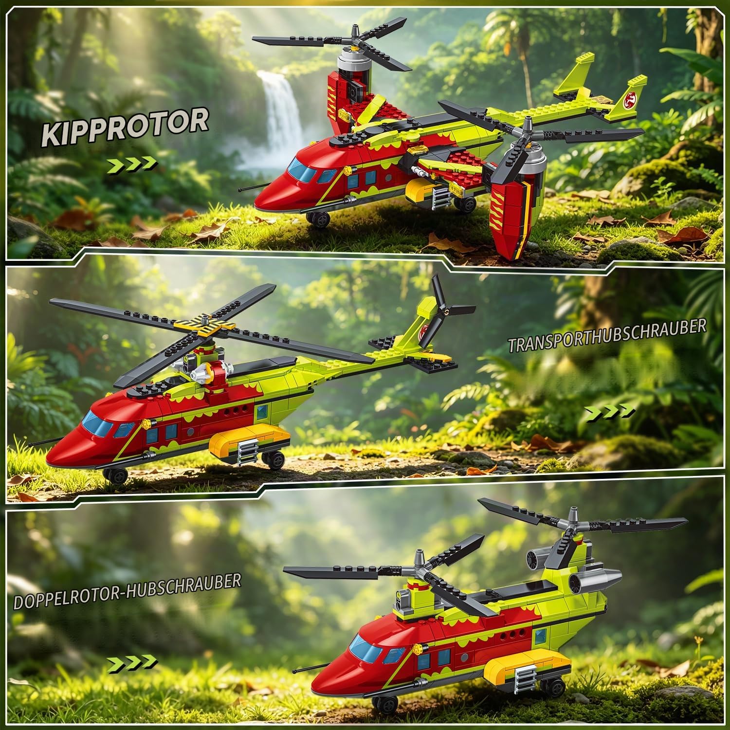 HOGOKIDS 3-in-1 Dinosaurier-Rettungsflugzeug-Bauset für Jungen ab 6 Jahren | Baue ein Kipprotorflugzeug, einen Transport- oder Doppelrotor-Hubschrauber mit Greifhaken – ein kreatives Geschenk ab 6