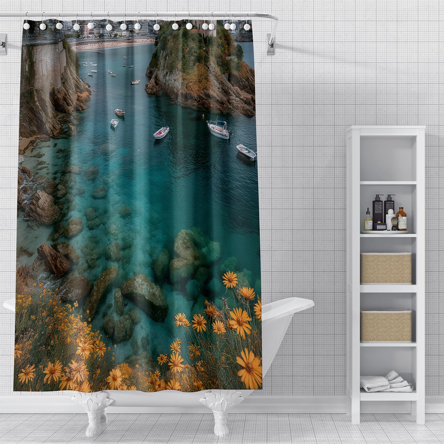Cortina de Ducha de Pueblo Costero para Baño,con Estampado de Aguas Turquesas,Barcos y Flores Amarillas,Tela de Poliéster Impermeable con Ganchos de Plástico,200Anx200Alcm (1 Panel)