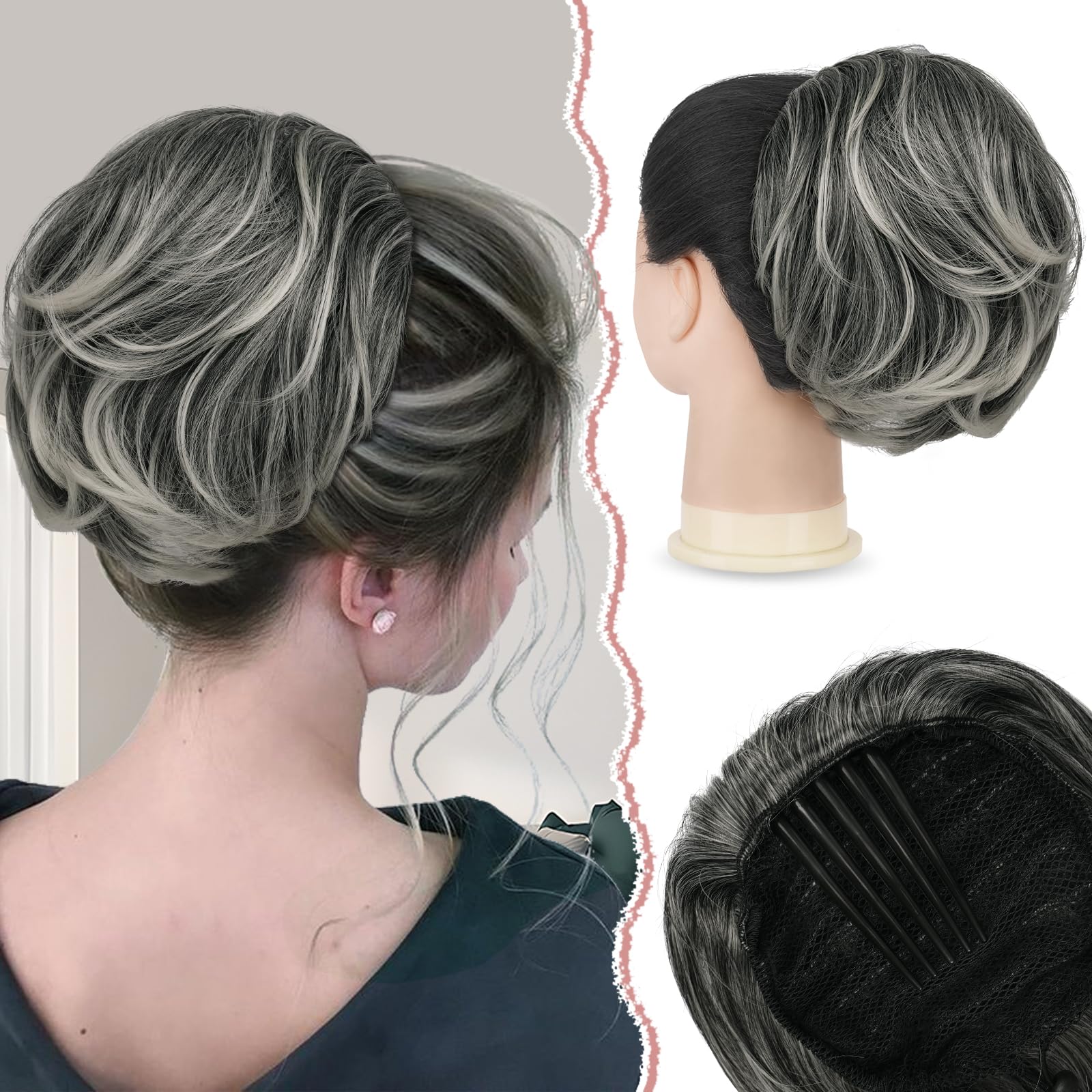 SOFEIYANComb Clip Bun Hairpiece Short Ponytail Hair Extension Natural Straight Synthetic Hairpieces Drawstring Ponytail Bun Extension with Comb for Women, Grey and White Tips