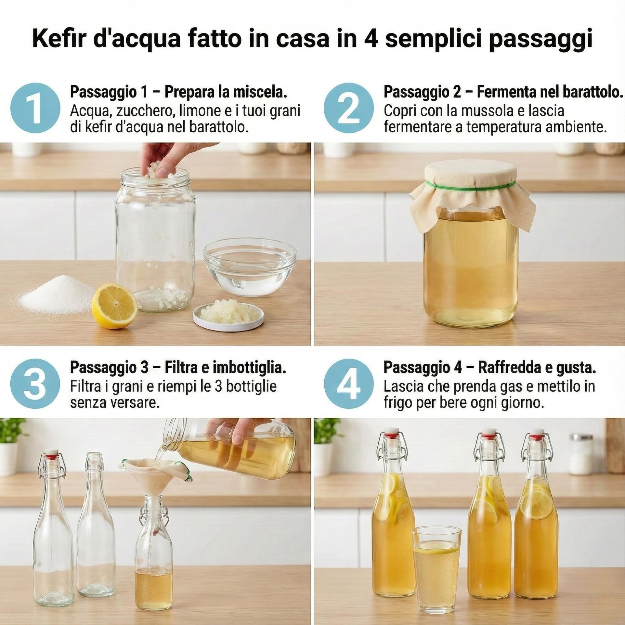 myFERMENTS - Kit Produzione Bevande Artigianali | Barattolo Vetro 2L | 3 Bottiglie Ermetiche 750ml | Imbuto e Mussola | Adatto per Birra, Liquori, Kombucha, Kefir | Trasparente, Vetro