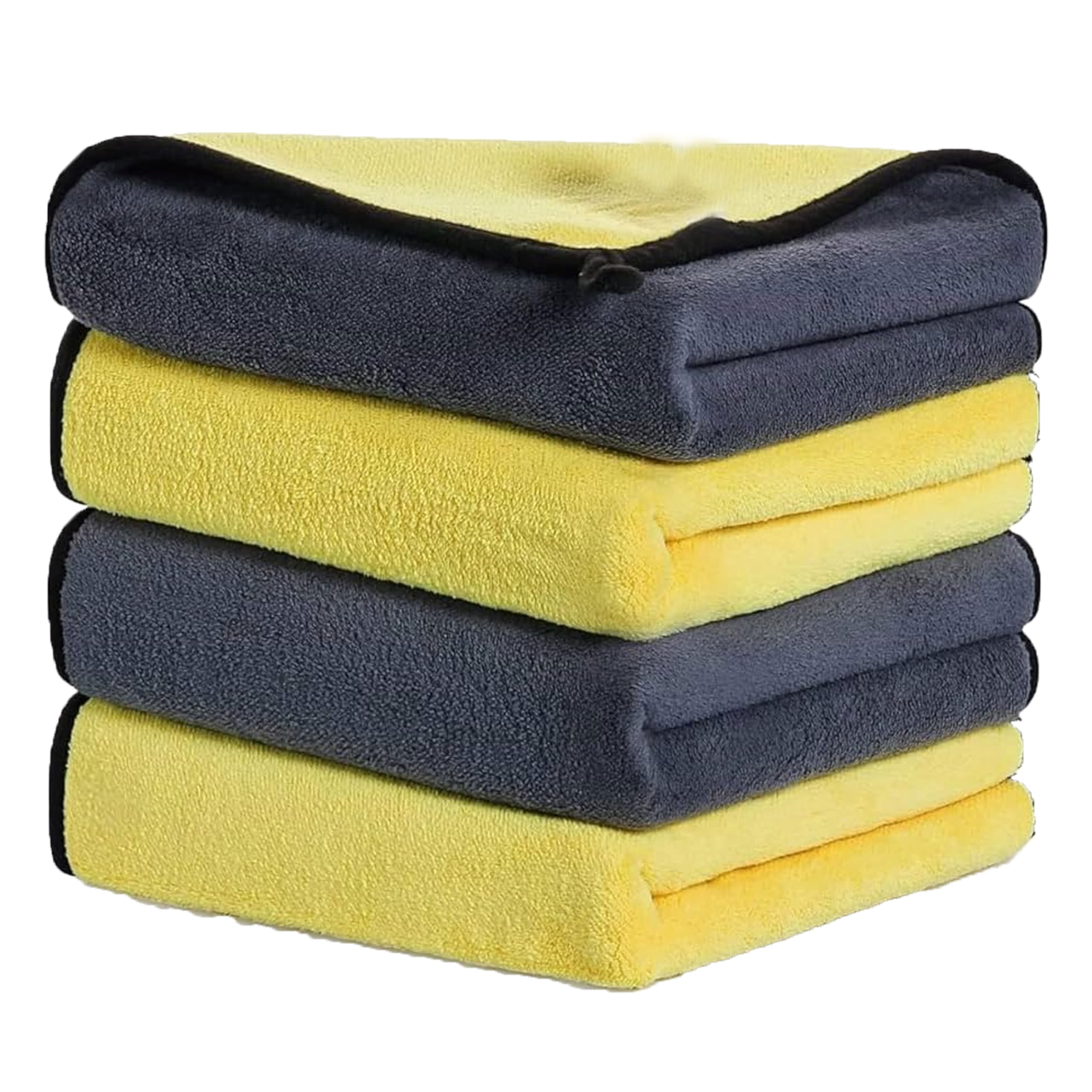 Homeshopa.com Yellow/Grey Homeshopa Microfibre Car Cleaning Cloths, 4 Pcs Double Sided Auto Drying Towel, Lint Free Super Absorbent, Household & Car Washing, Drying, Polishing, Detailing, 600Gsm, 38 X 42Cm