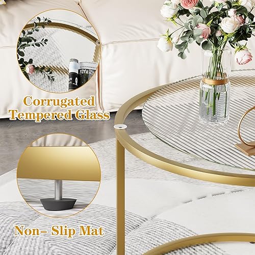 Miniatura 17 de aboxoo Juego de 2 mesas auxiliares blancas con marco dorado, circulares redondas y con patrón de mármol, mesas de madera, sala de estar, dormitorio,