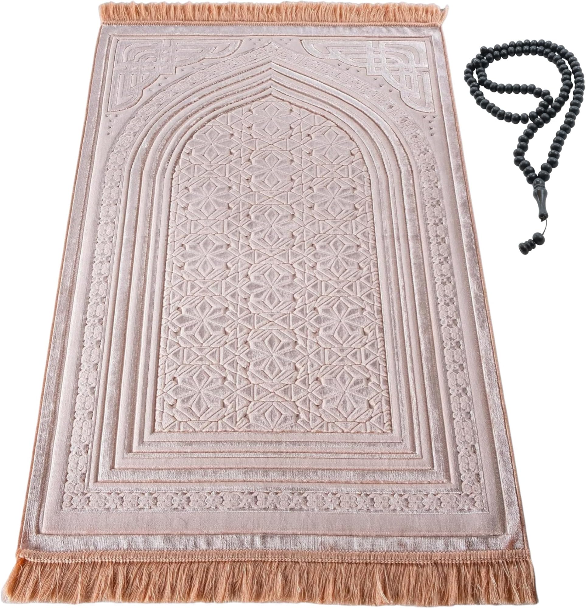 Modefa Luxury Velvet Prayer Rug with Prayer Beads | Soft Elegant Muslim Turkish Janamaz Sajada Carpet for Men and Women | Plain Solid Prayer Mat Ramadan Eid Gift - Najma (Pink)
