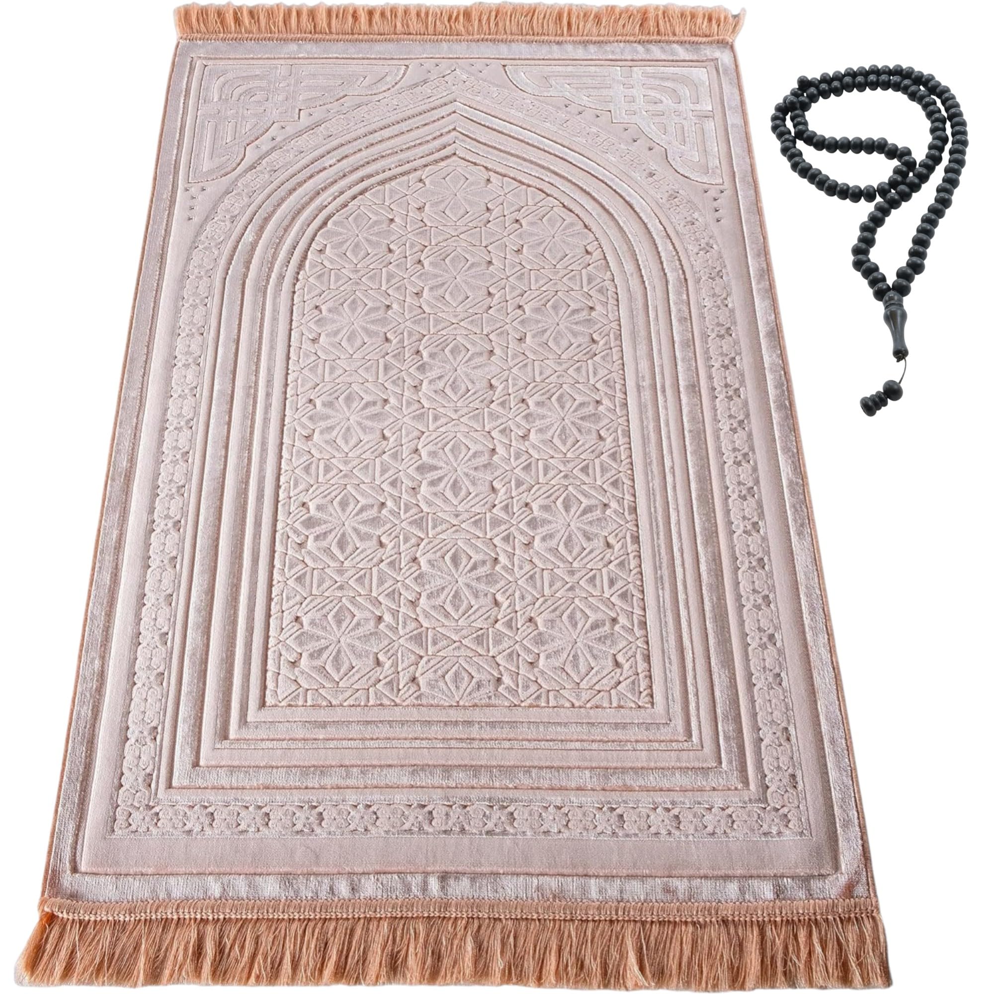 Modefa Luxury Velvet Prayer Rug with Prayer Beads | Soft Elegant Muslim Turkish Janamaz Sajada Carpet for Men and Women | Plain Solid Prayer Mat Ramadan Eid Gift - Najma (Pink)