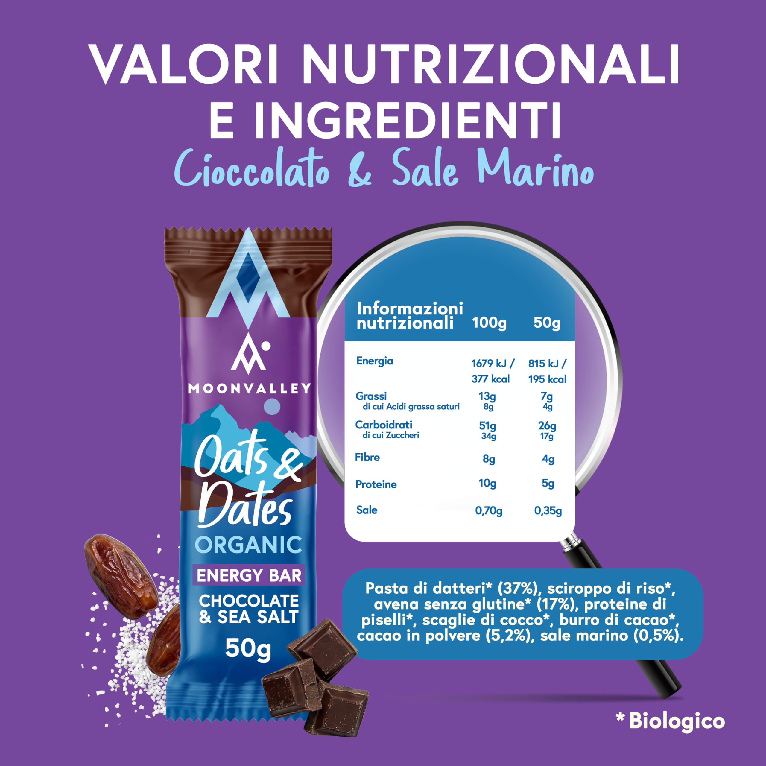 MOONVALLEY Barrette Energy al Cioccolato & Sale Marino – a base di Avena & Datteri - Vegan, Bio, Senza Glutine, Senza Zuccheri Aggiunti – Confezione da 12 Barrette da 50g