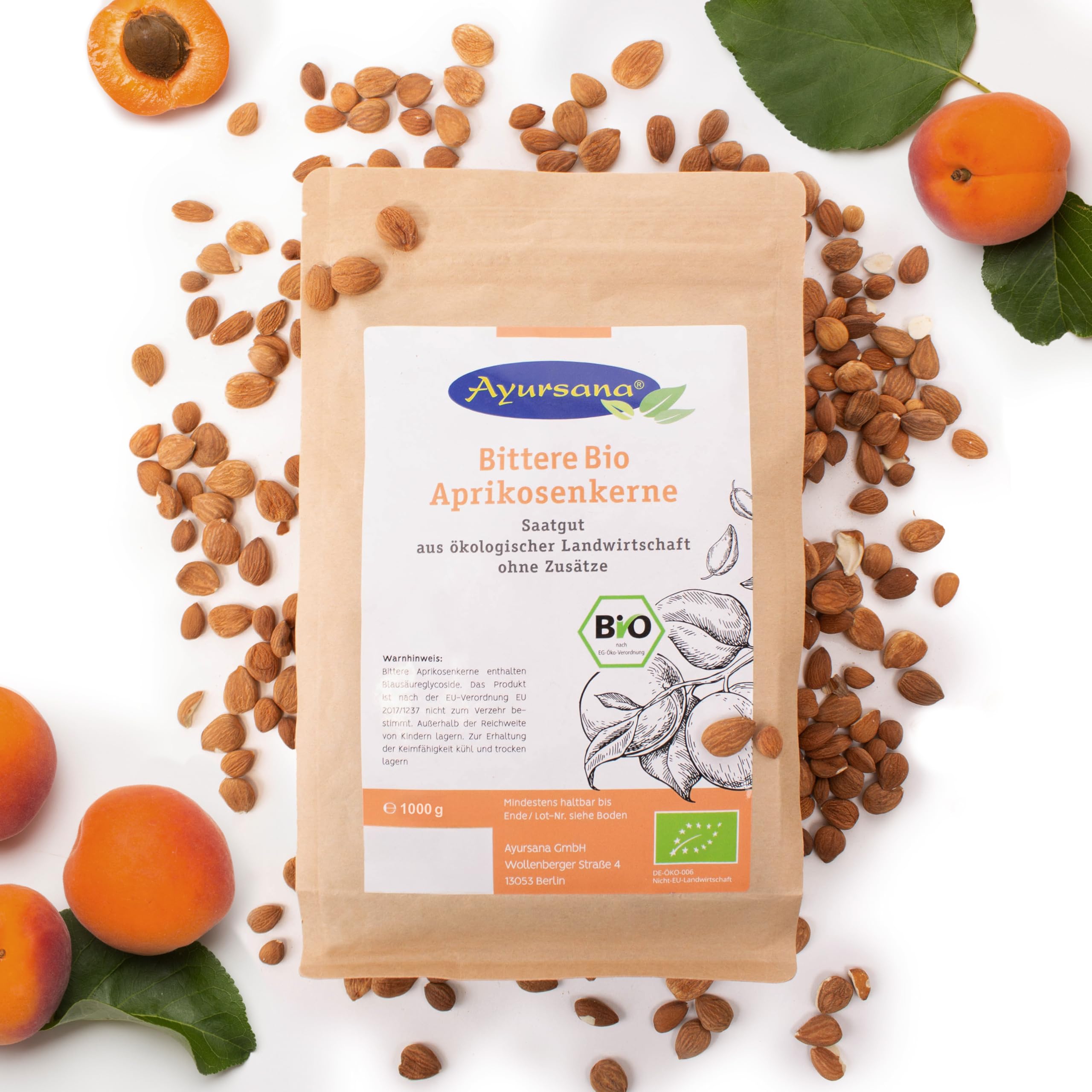 Ayursana Bittere Aprikosenkerne Bio 1000g - Reich an Amygdalin - Saatgut, naturbelassen & schonend getrocknet - Zum Beimischen von Smoothie Bowls, Müslis – Apricot Nuts geprüft im deutschen Labor
