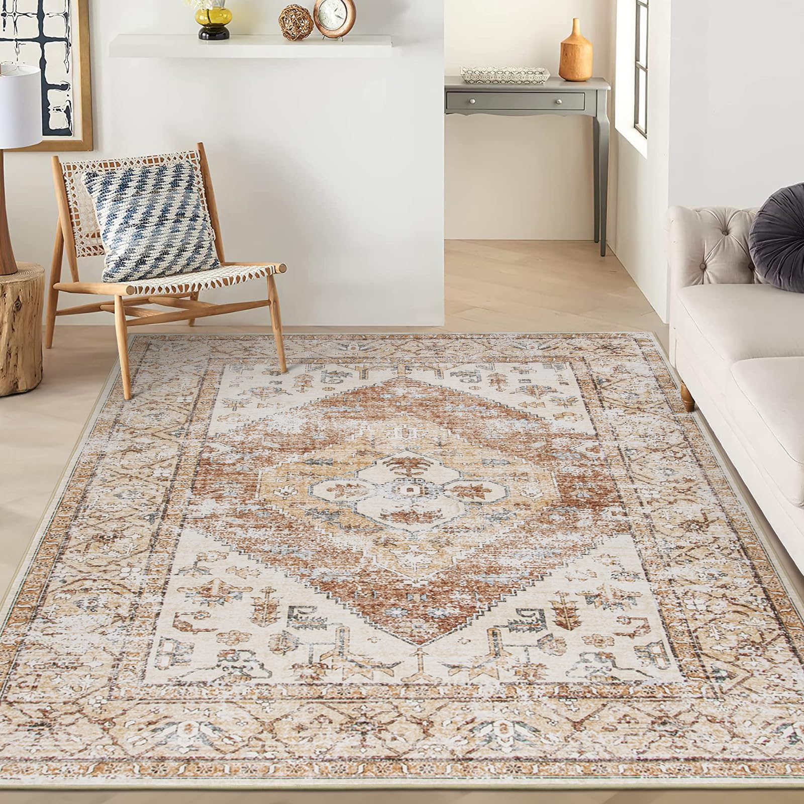 Lahome 5x7 Boho Machine Washable Area Rug (Non-Slip Lightweight Low-Pile)(Oriental Distressed Print for Living,Bedroom,Office)