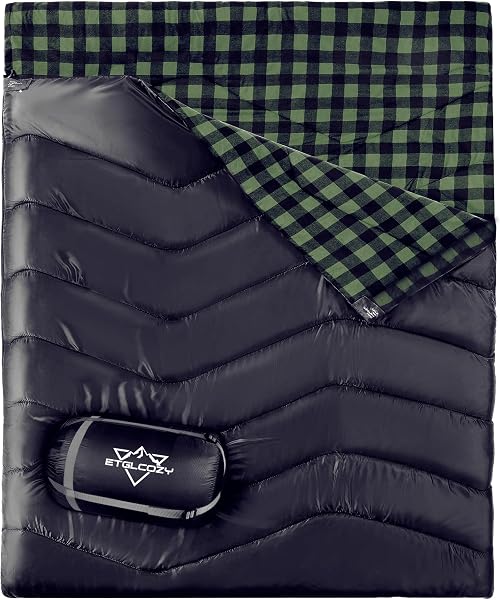 ETGLCOZY XL Queen Size 2 Person Double Sleeping Bag for Adults, Lightweight Compact with Flannel Liner & Thermolock Draf