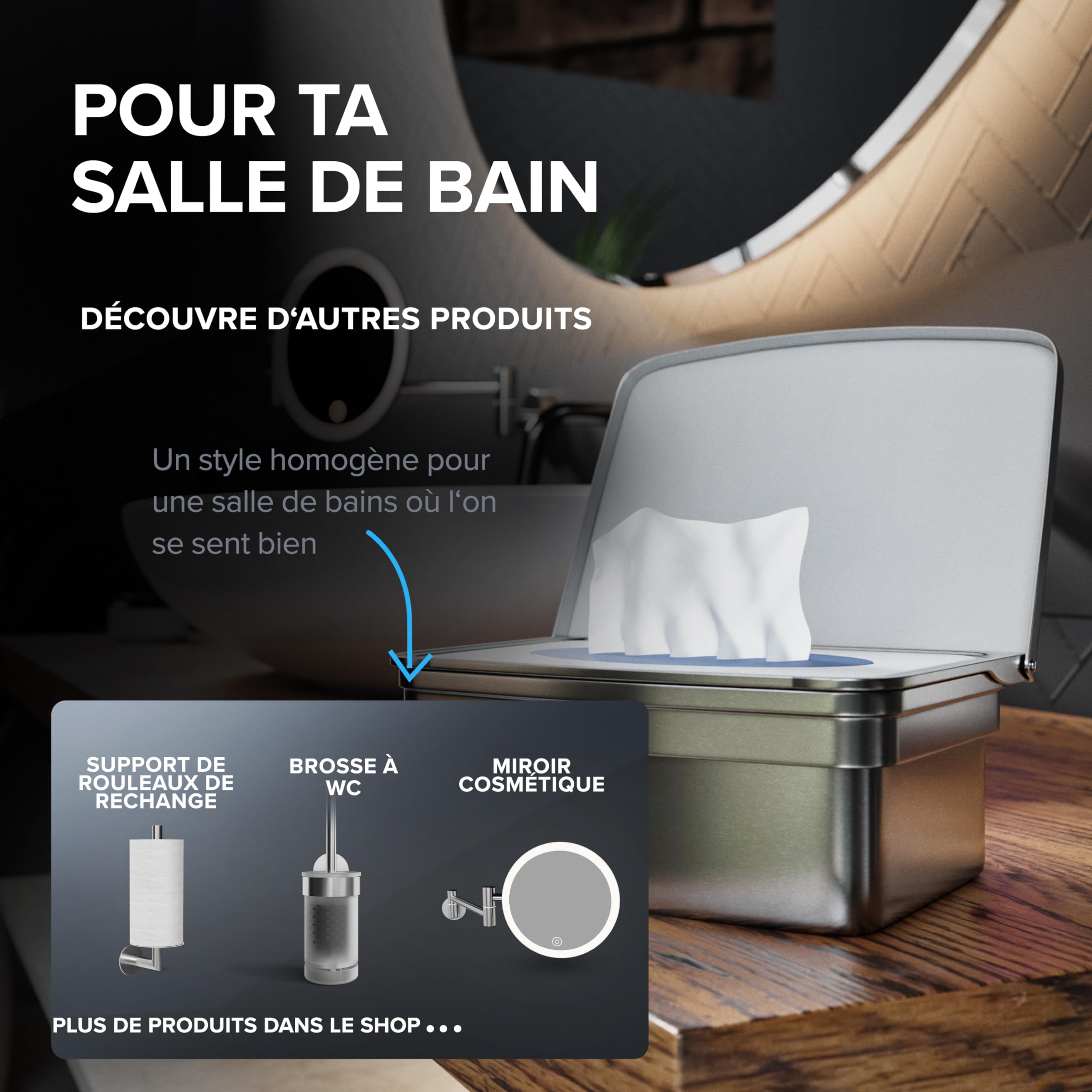 ovimar Boîte pour lingettes humides avec couvercle Egense | acier inoxydable poli argenté | sans percer | Pour que les lingettes cosmétiques restent toujours fraîches grâce à la boîte de rangement