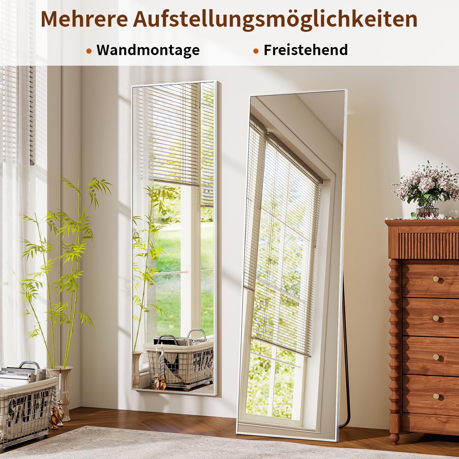 BEAUTYPEAK Specchio intero 150 x 40 cm, specchio da pavimento e specchio da parete con telaio in alluminio, vetro Shatterproof per riflessi senza distorsioni, bianco