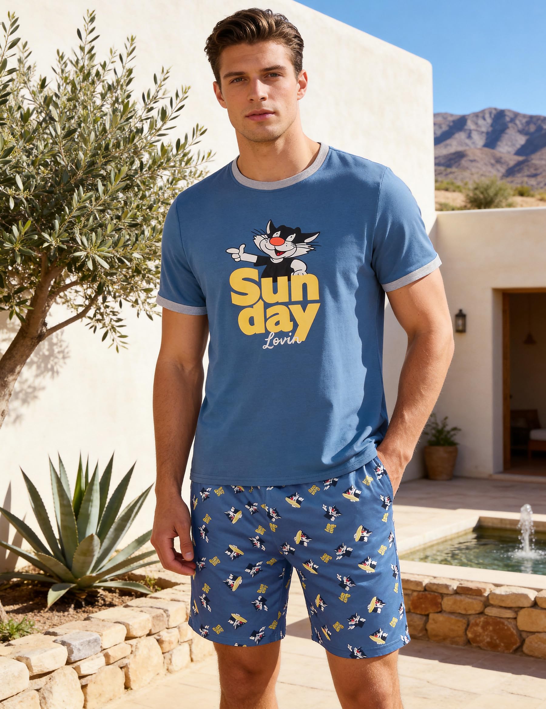 Demegimi Pijama Hombre Algodón Pijama de Verano Divertido Hombre Conjunto Pijama Hombre Verano Manga Corta Pijamas para Mangas Camiseta Cortas con Bolsillos