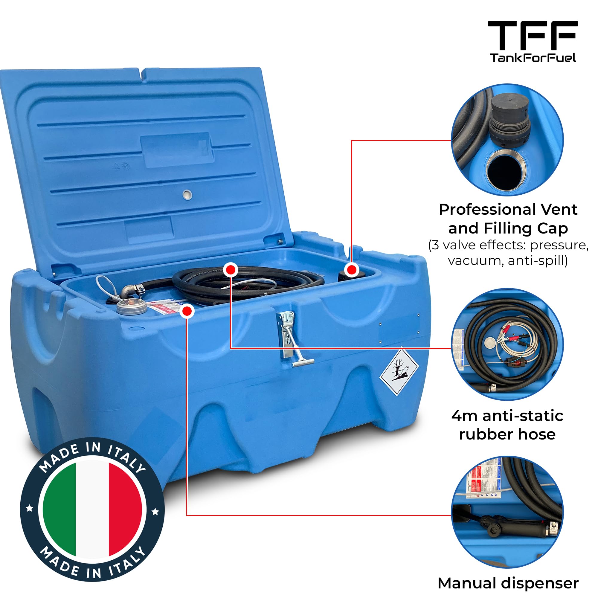 TFF Tanque AdBlue Portátil, 150 Litros con Bomba Sumergible 12V con un caudal de 15 l/min. Bomba AdBlue con Cable de Conexión a Batería y Manguera Flexible de 4 m con Pistola de Suministro