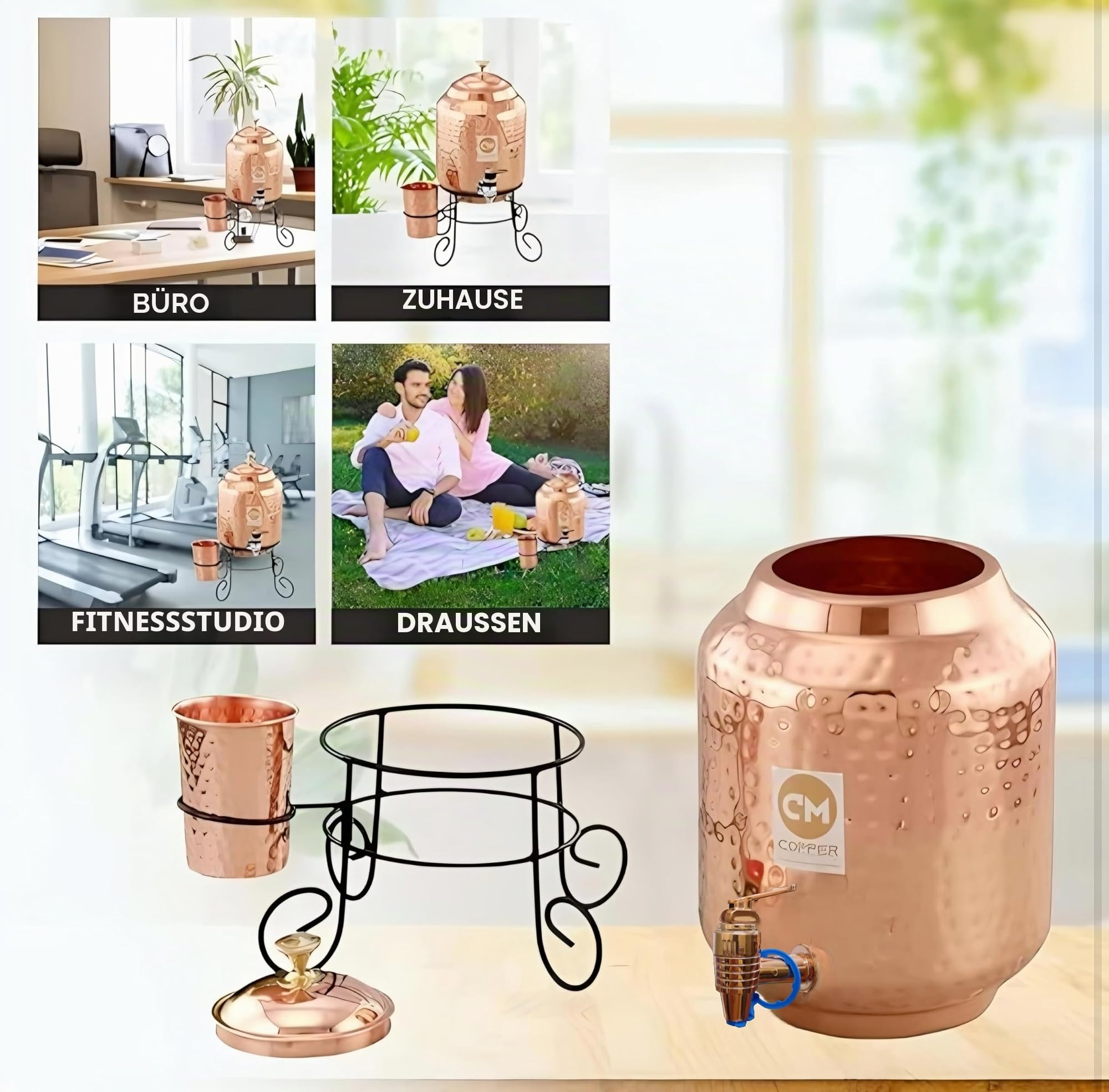 Copper-Master 5 Liter Wasserspender aus gehämmertem Kupfer (Matka/Pot) Behälter Topf mit 1 Kupferglas und Ständer aus reinem Kupfer und ayurvedischen gesundheitlichen Vorteilen (5000 ml)