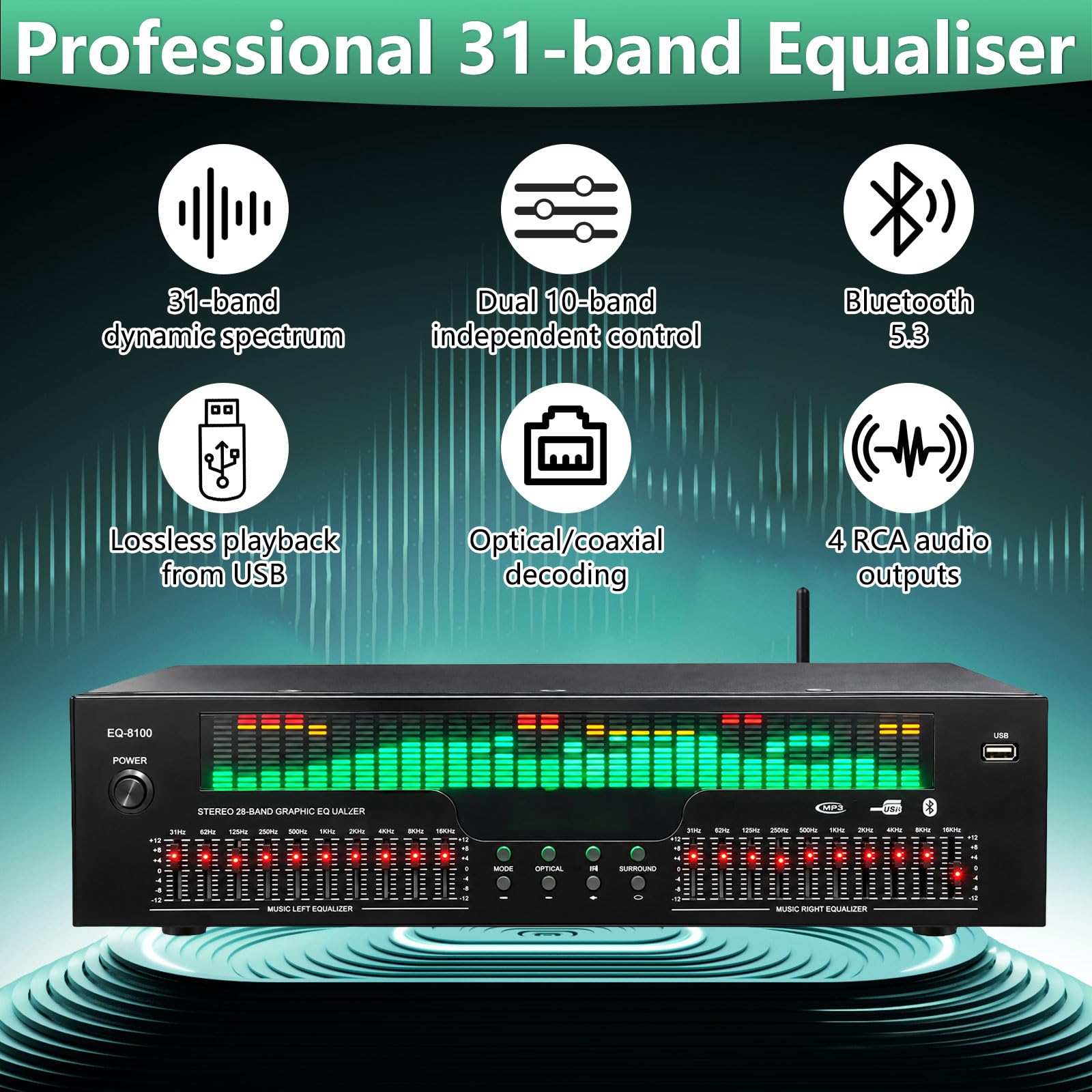 31 pasm korektora graficznego z wyświetlaczem widma LED, 12 wzorów rytmicznych | Podwójny 10-segmentowy niezależny tuning, Bluetooth 5.3 Optical Coaxial Digital Audio Decoding, do stadionu, studia nagrań