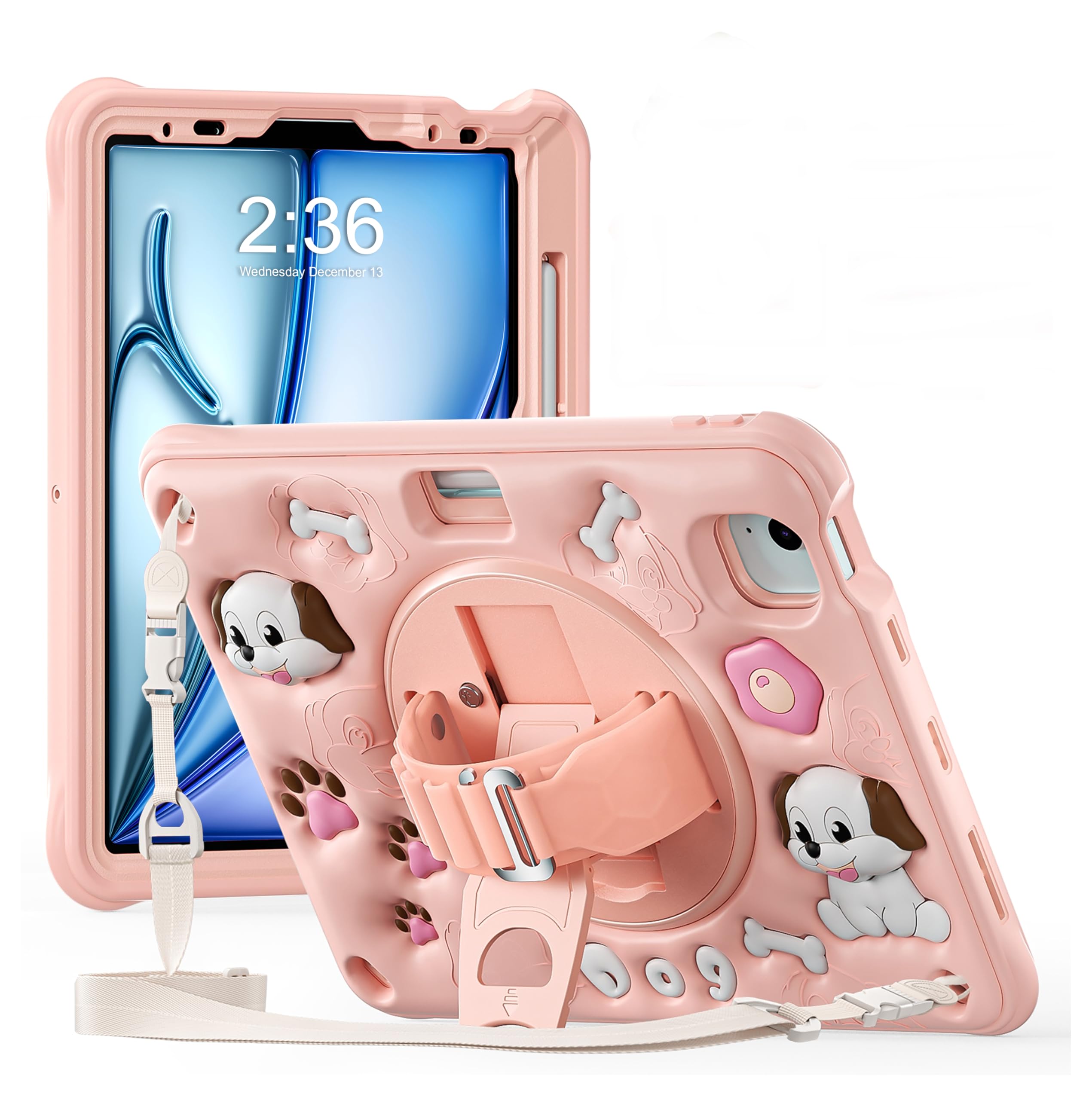 ProElite Cover for iPad Air 11 M3/M2 2025/2024/ Pro 11 4th/3rd Gen/Air 5/4 Gen 10.9 inch Case, Tough Bubble Kids Case with Pencil Holder with Rotating Kickstand & Shoulder Strap, Pink-picture-52