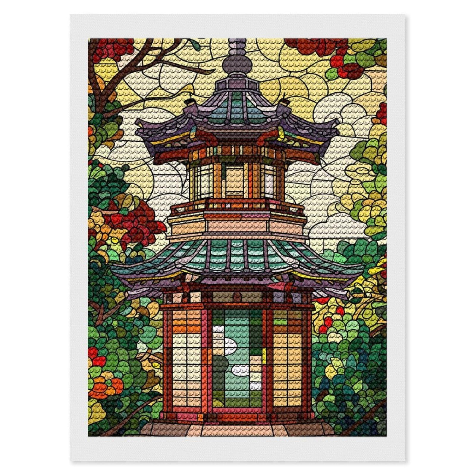 Junmoney Stained Glass Pagoda with Floral Surroundings Diamond Art Canvas 12"x16", for Adults, Printed Canvas, Home Wall Decor, Gift Idea, Mindful Craft Activity