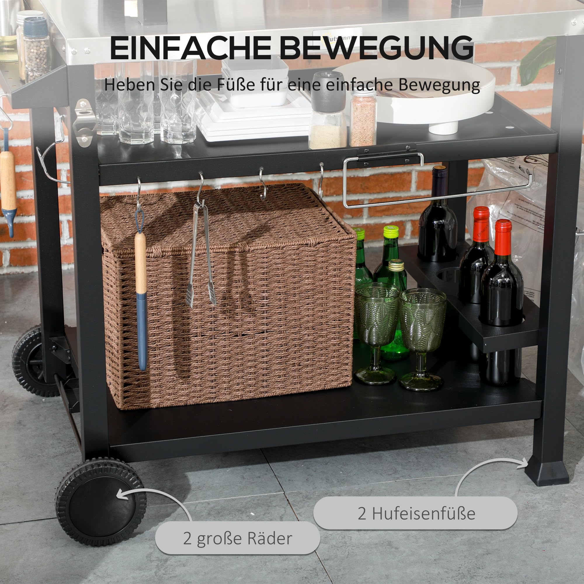 Outsunny Grillwagen Grilltisch mit klappbarem Beistelltisch, Servierwagen mit 3 Etagen, 6 Haken, Rollen, Weinregal, Grill Trolley mit Tischplatte aus Edelstahl für Outdoor, Schwarz