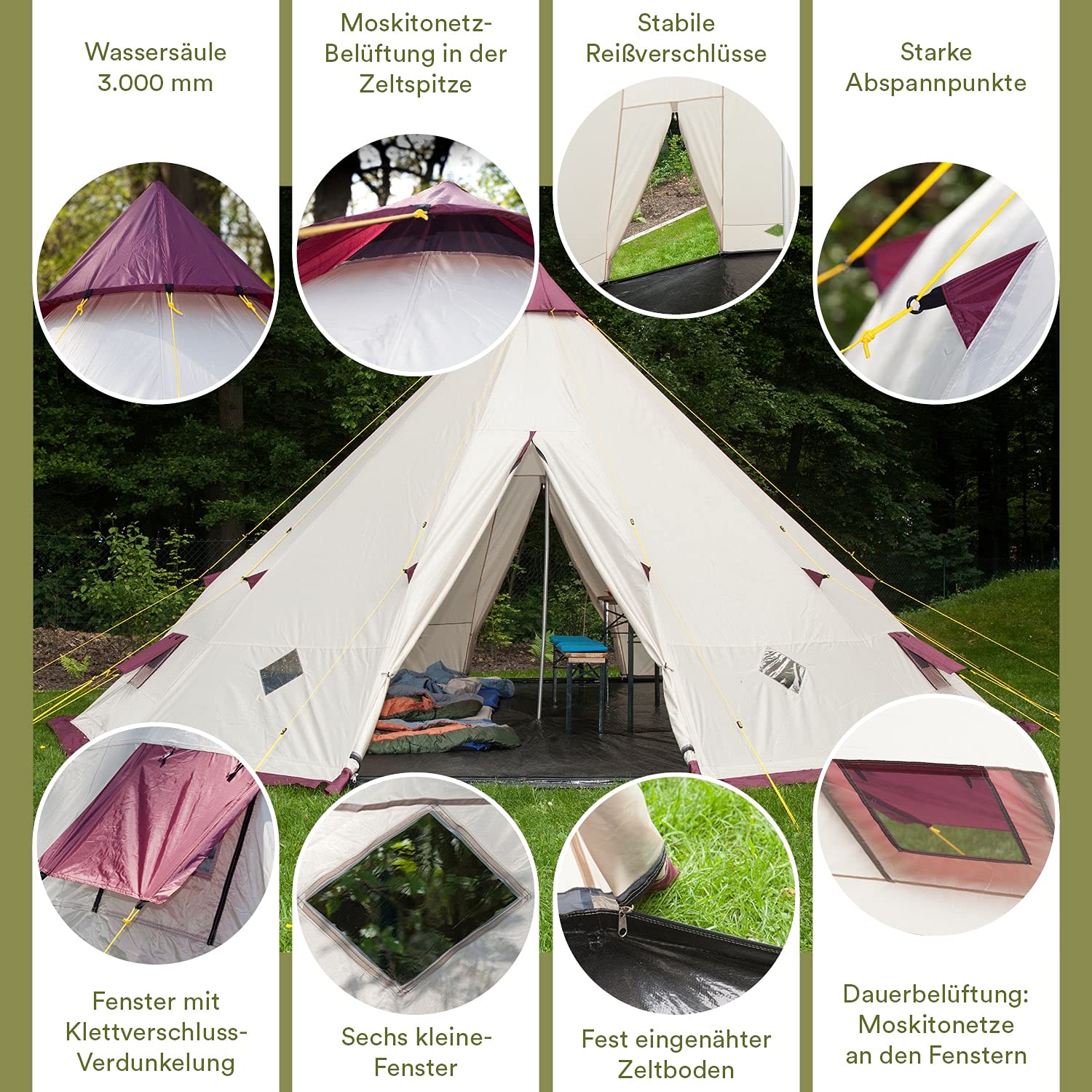Skandika Tente Tipi Kota 550 | Tente de Camping, Tente pour 12 Personnes, avec/sans Tapis de Sol Cousu, Grande Tente Camping avec moustiquaire, 3 m de Hauteur, mât en Acier