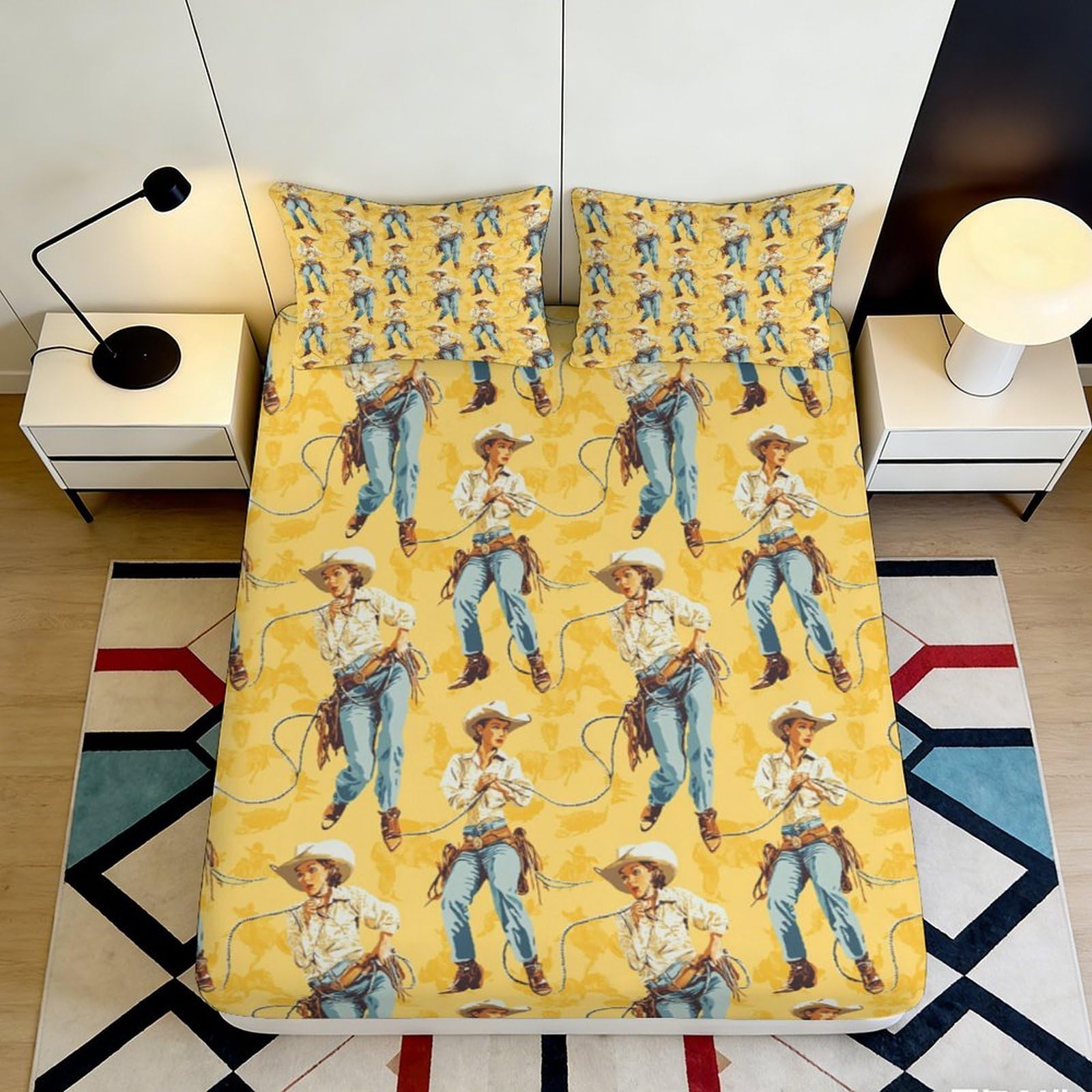 Pnayamiorkfel Style-5 3D Printed Cowboy Western Fitted Sheet Microfiber Yellow Artistic Rodeo Bed Cover For Bedroom Dorm Decor Mattress Protection 90X200x25cm