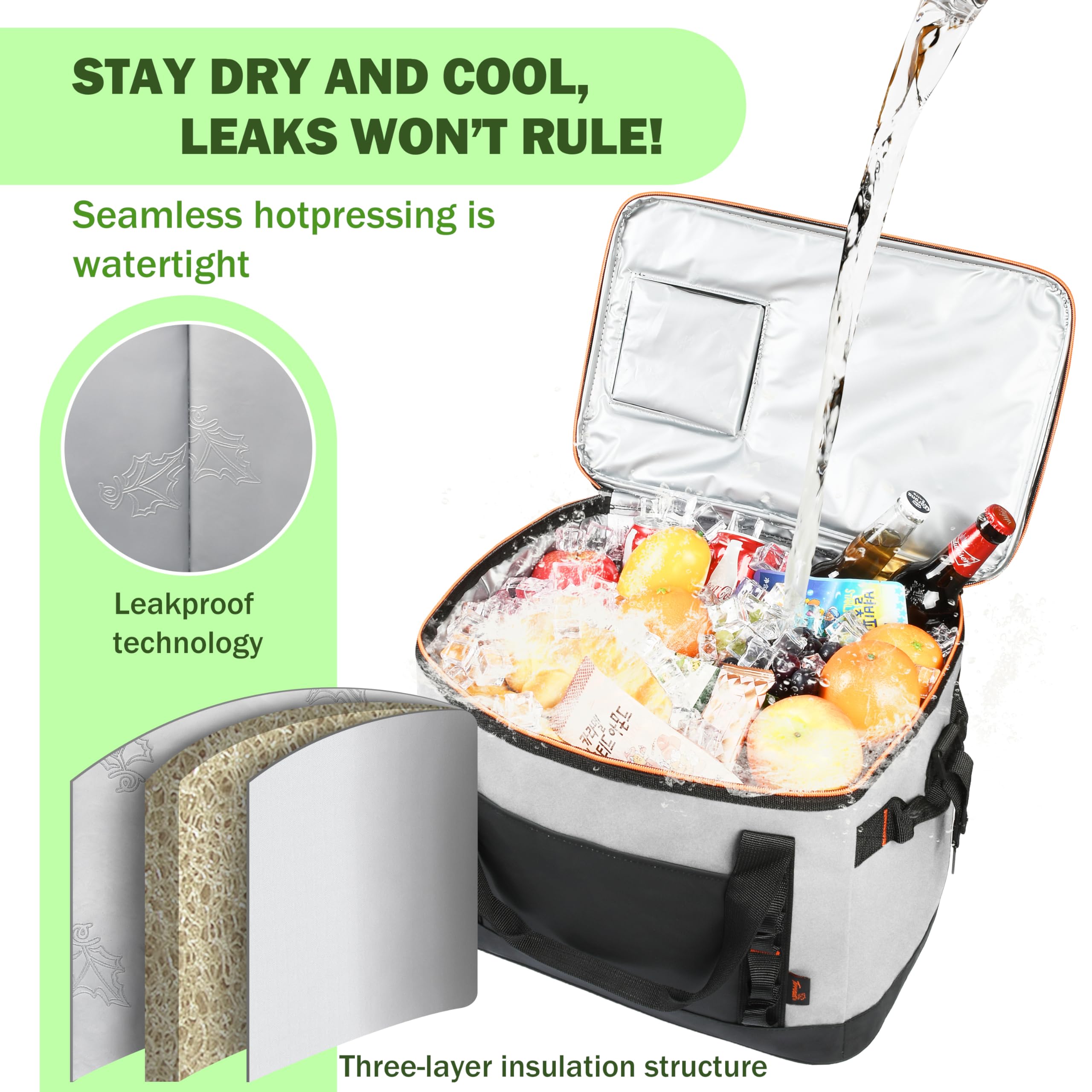 Tirrinia Large Cooler Bag Insulated, 48 Cans Leakproof Soft Camping Coolers, Portable Beach Cooler with Heavy-Duty Handles for Picnic, Beach, Road Trips