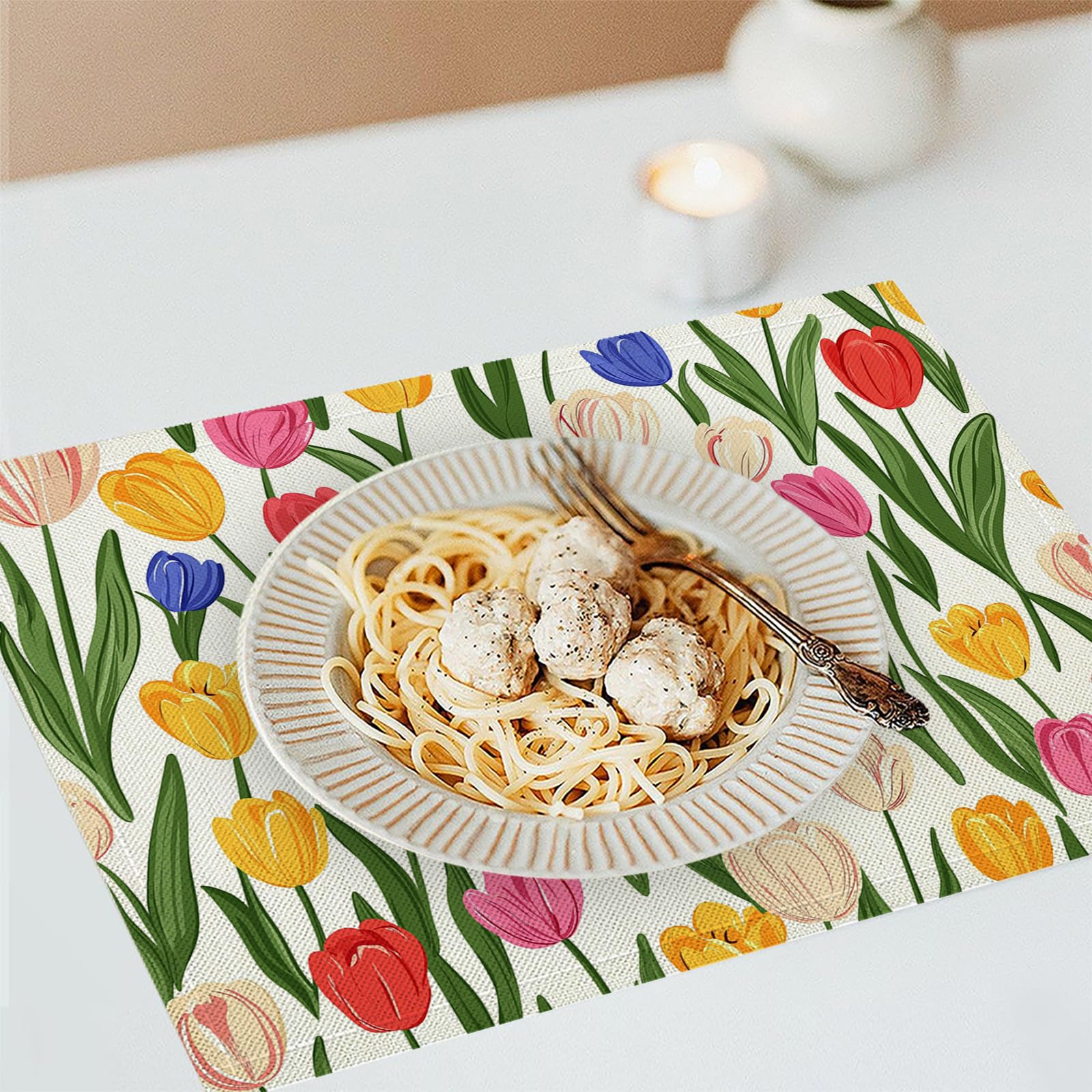 Set di 8 Tovagliette Americane Lavabili Cotone Lino Fumetto - Tovaglietta Americana Resistenti al Calore Durevole Tulipano - per Colazione Pranzo 30×45 cm