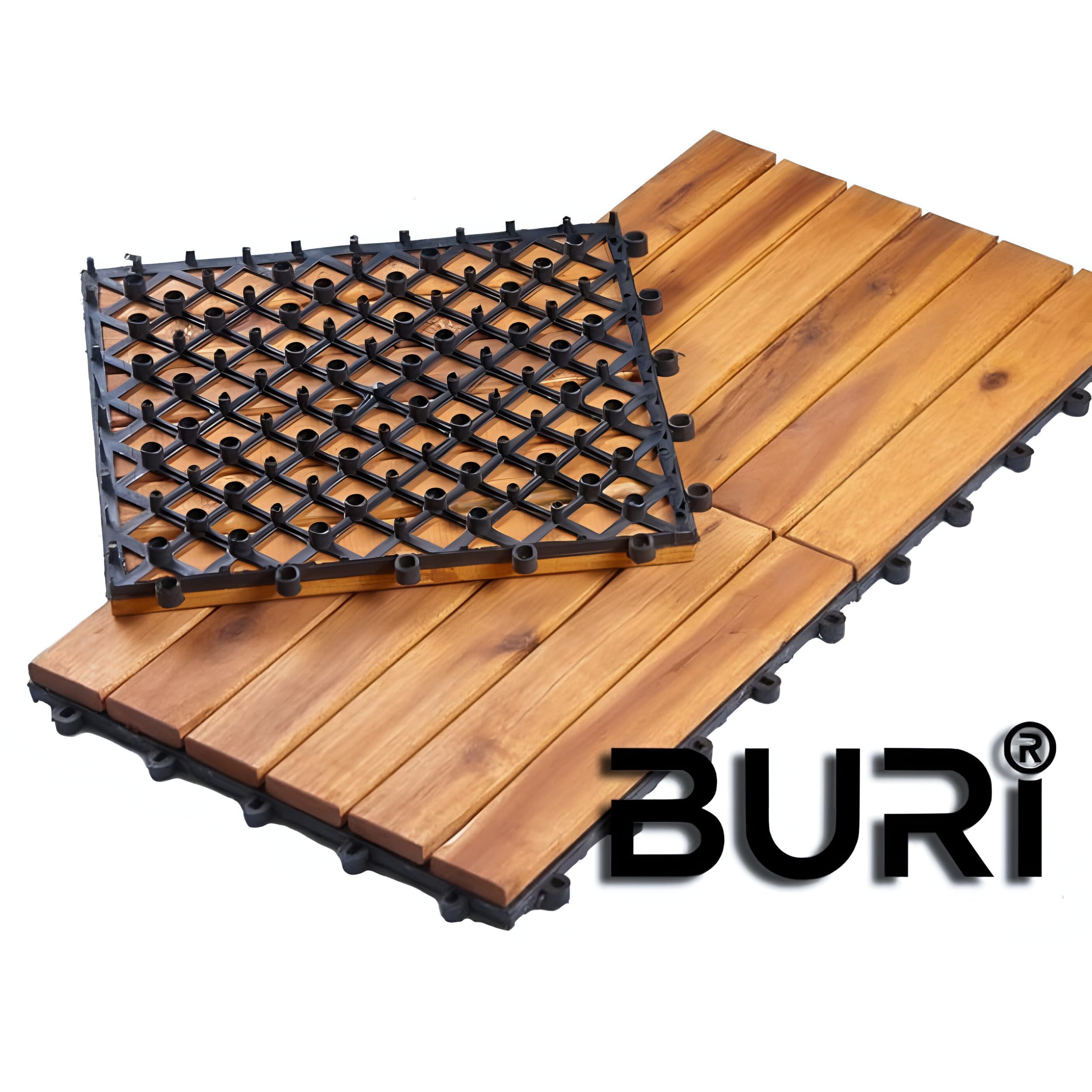 Holzfliesen 1 m² Akazien Klickfliesen 30x30 cm Terrassenfliesen Balkon | BURI, 11 Stück, wetterfest, UV-beständig, Stecksystem, Außenbereich, Garten, rutscharm, Massivholz, langlebig
