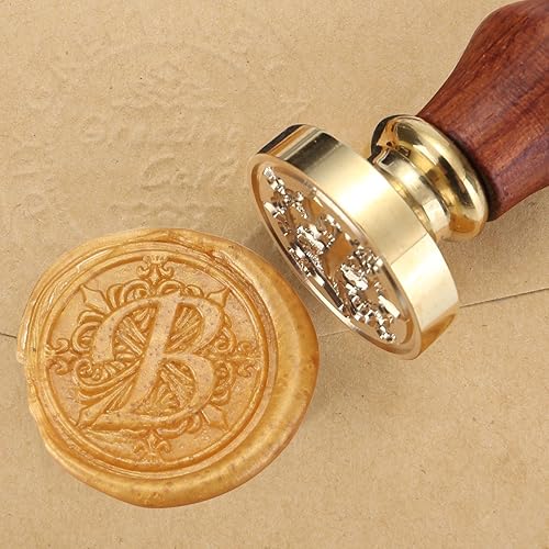Miniatura 2 de Yoption - Sello de cera, sello clásico de lirios del alfabeto B, cabeza de latón retro vintage, mango de madera, sello de cera de sellado de letra B