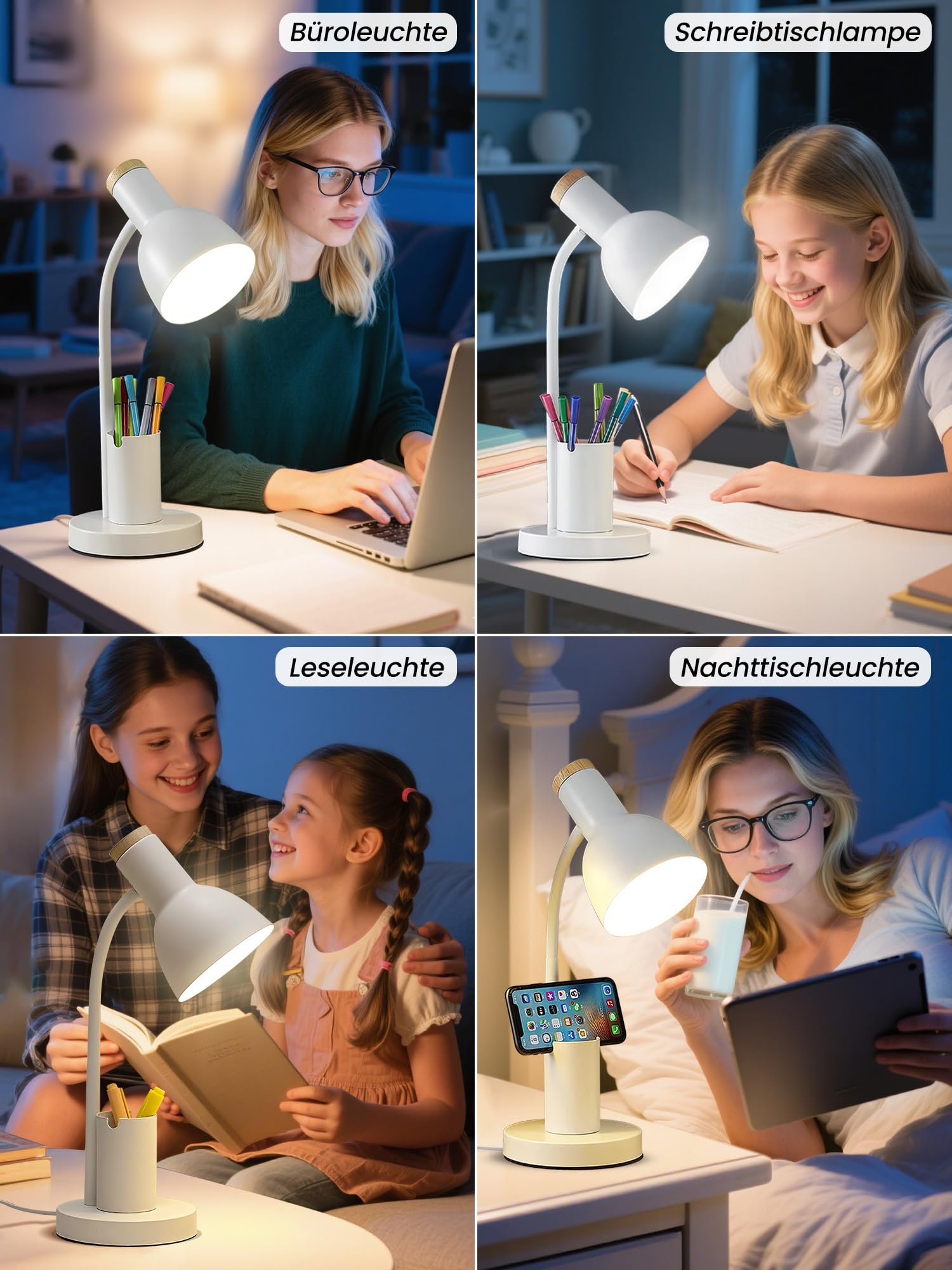 LED Schreibtischlampe mit Stifthalter, augenschonende Schreibtischlampe 3 Farbmodi Leselicht flexible Schwanenhals-Metall-Studienlampe, niedliche Tischlampen für Zuhause Büro Nachttisch Schlafsaal