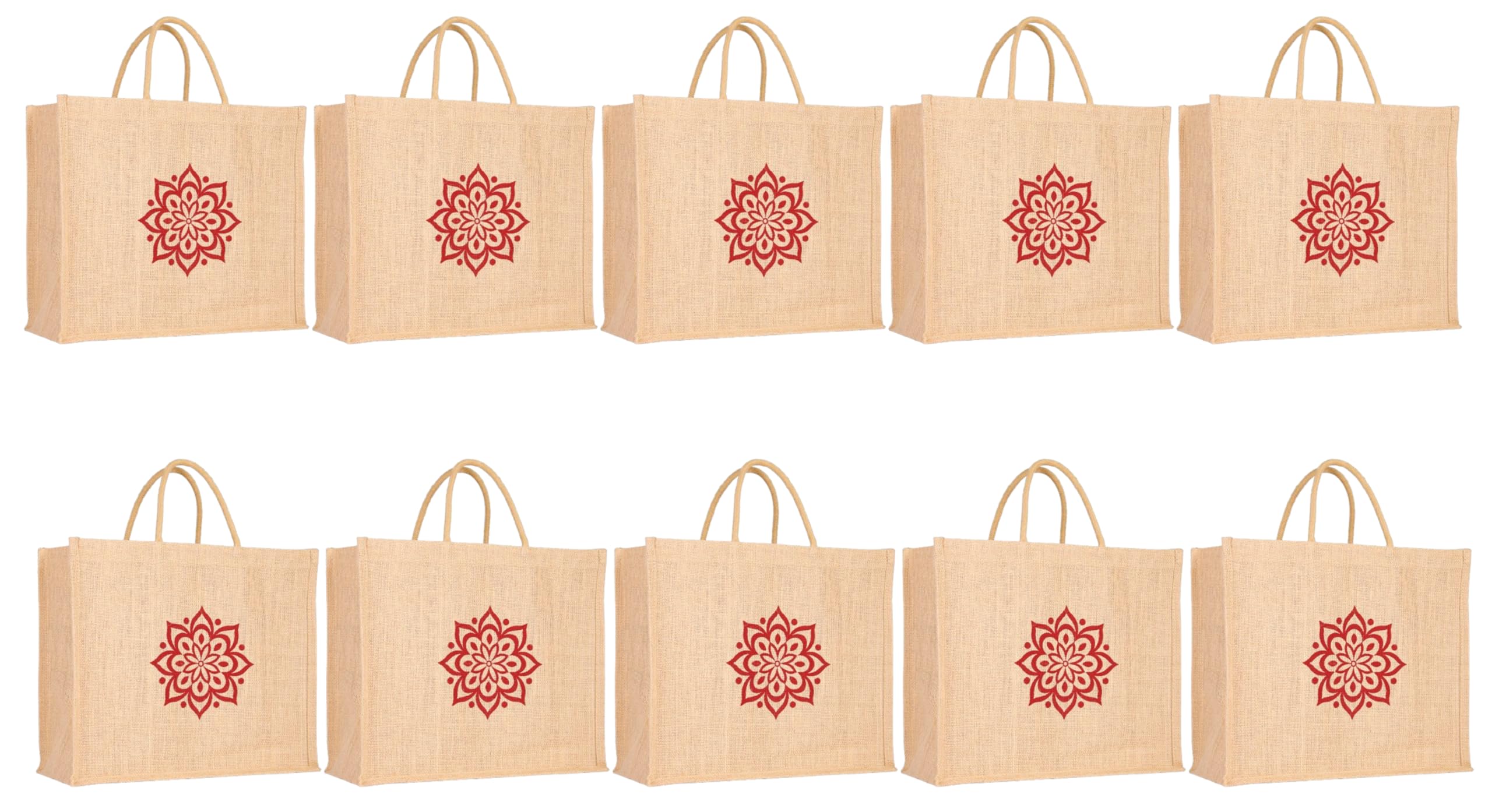 Soman Jute Ecofriendly Large(14x6x12inches) Return Gift Bags Rangoli Printed Natural Pack of 10 Bags