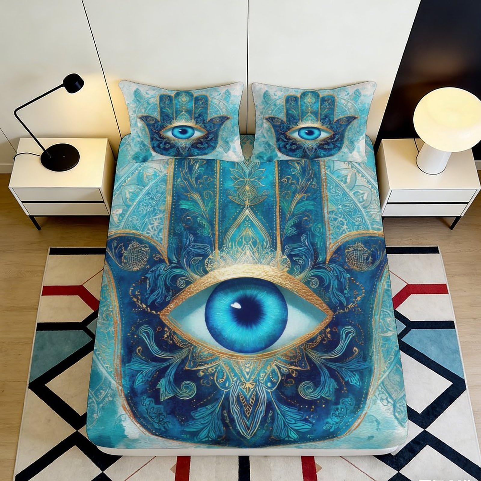 3D Printed Blue Hamsa Eye Fitted Sheet Microfiber Soft Breathable Mandala Mattress Cover Bedroom Decor 90x200x25cm