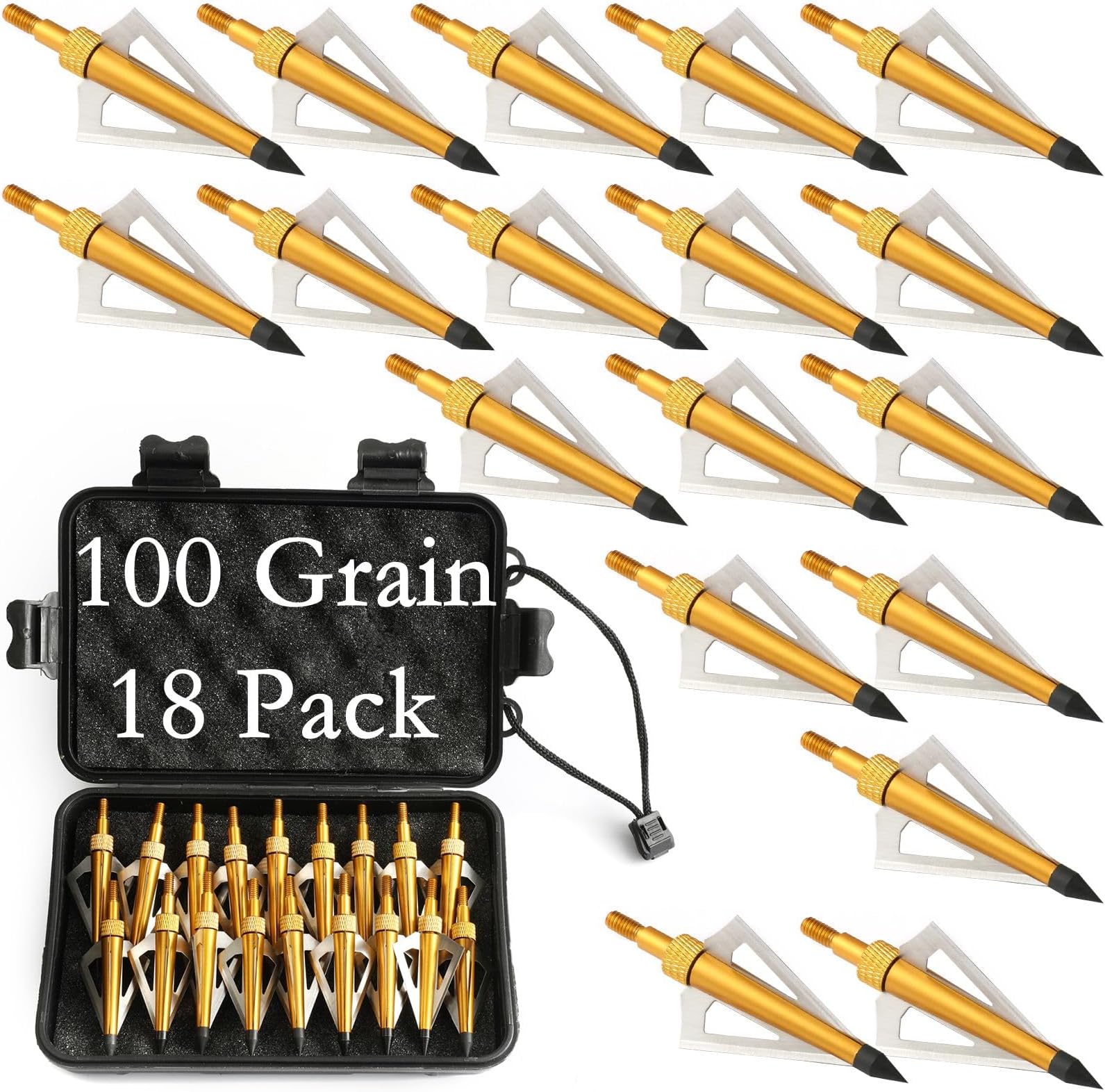 18 Pack Hunting Broadheads with Storage Case, 100/125 Grain Archery Broadheads, 3 Blade Archery Arrows Hunting Points Metal Tips Compatible with Crossbow and Compound Bow