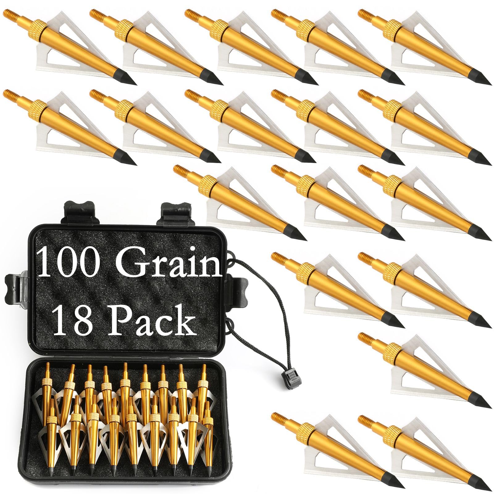 18 Pack Hunting Broadheads with Storage Case, 100/125 Grain Archery Broadheads, 3 Blade Archery Arrows Hunting Points Metal Tips Compatible with Crossbow and Compound Bow