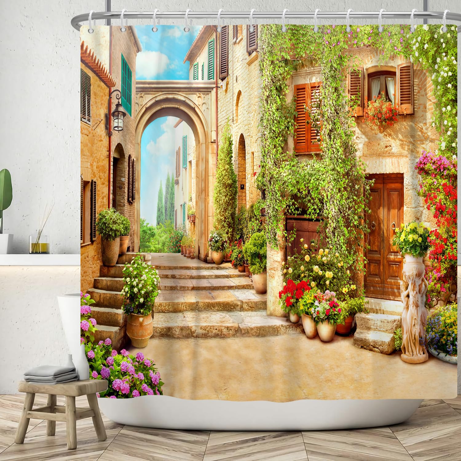 ASDCXZ Garden Shower Curtain 120x200 cm, Garden Street Natural Landscape Flowers Grass Outdoor Washable Bath Shower Curtains Polyester Textile Waterproof Shower Curtain for Bathtub with 8 Hooks โ image 1