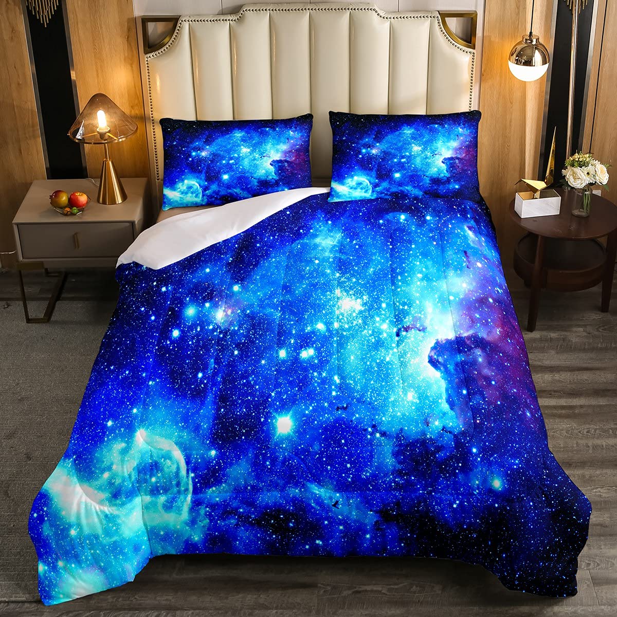 Loussiesd Juego de ropa de cama de galaxia para niñas y niños, diseño de cielo estrellado, azul con la Vía Láctea, tamaño Super King, 3 piezas