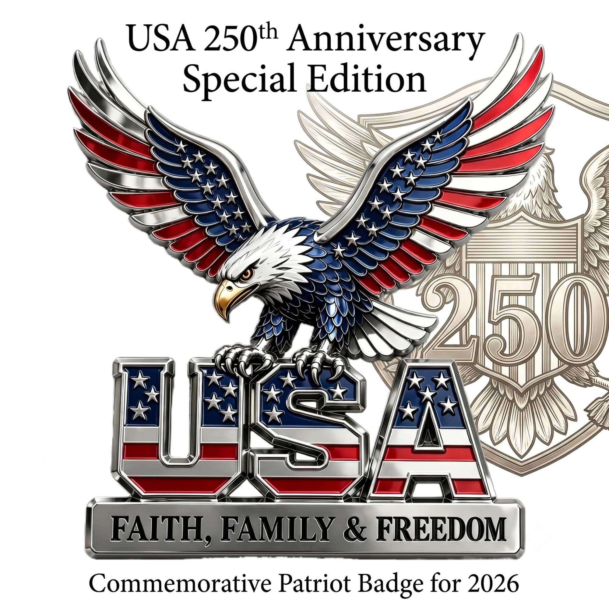 USA Faith Family & Freedom Metallemblem, 250. Jahrestag Flagge Metallemblem, Eagle of Freedom Patriot Abzeichen for LKW, SUV, Wohnmobil, Motorrad(5pcs)