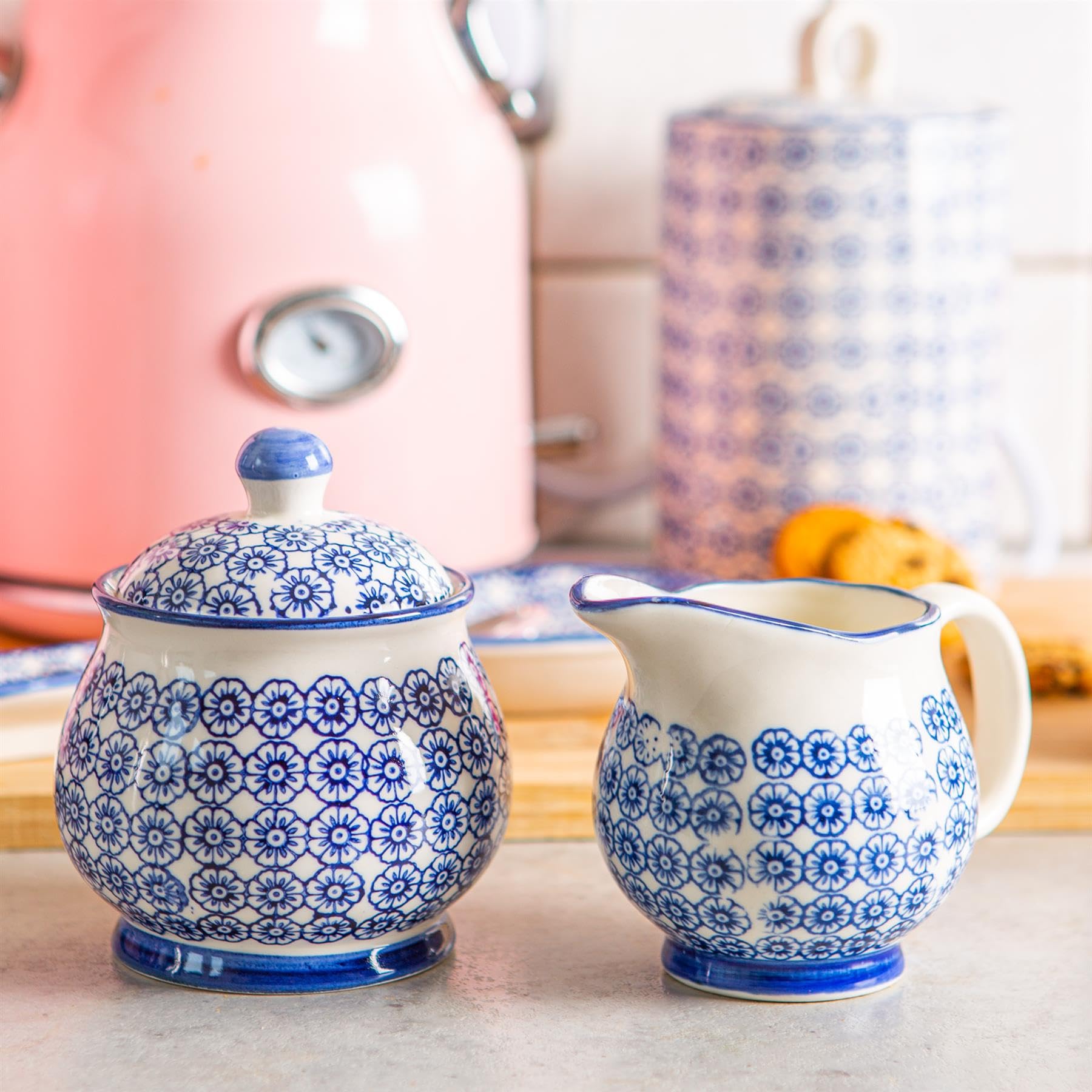 Jarrón de leche con diseño 300ml y juego de olla/tazón de azúcar - Estampado de flores azul