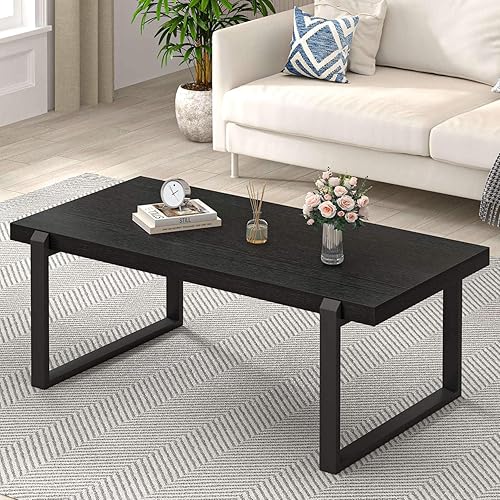 Miniatura 10 de EXCEFUR Mesa de café moderna, mesa central de madera rústica y metal, mesa de té rectangular de cóctel para sala de estar, gris, 44 pulgadas
