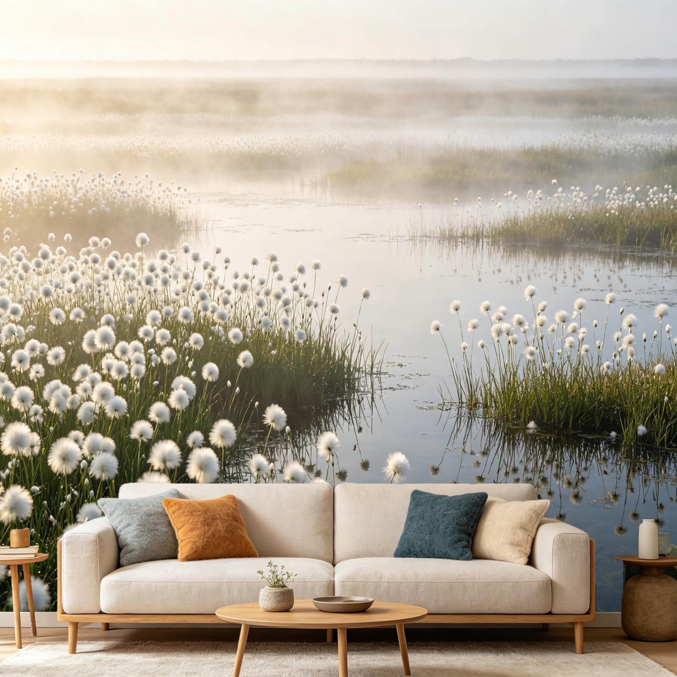 Custom Size Wall Mural Misty Wetland Landscape Cotton Sedge Riverbed Morning Fog SelfAdhesive Art Prints wall Fabric（No PVC） Removable Wallpaper Home Bedroom Decor