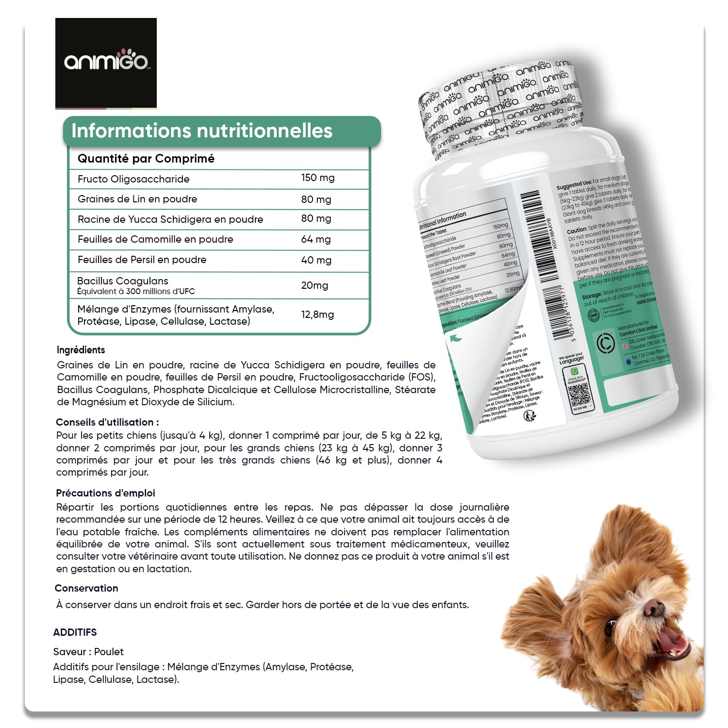 Anti Coprophagie Chien - 120 Comprimés Goût Poulet - Empêche Ingestion de Crottes, Confort Digestif, Haleine Fraîche - Enrichi en Yucca, Camomille, Persil, Probiotiques Chien & Enzymes Digestives