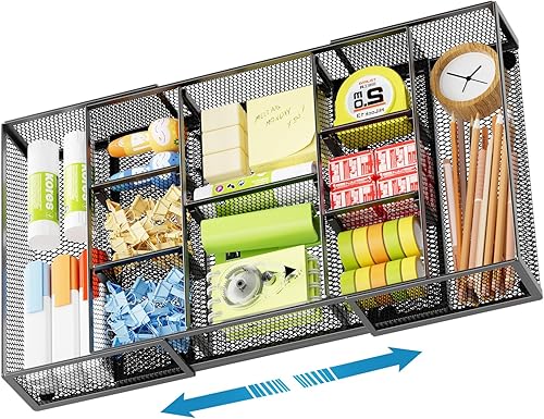 Marbrasse Organizador de cajones de escritorio expandible, bandeja organizadora de cajones de malla con 10 compartimentos ajustables, organizadores