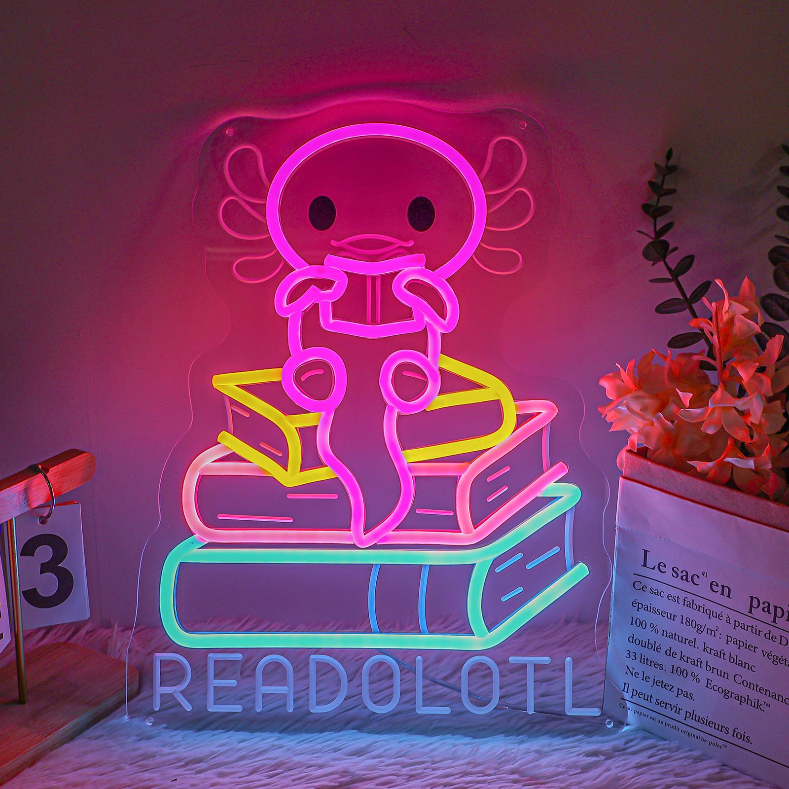 Readolotl Neon Sign,Axolotl Reading Book LED Sign Light for