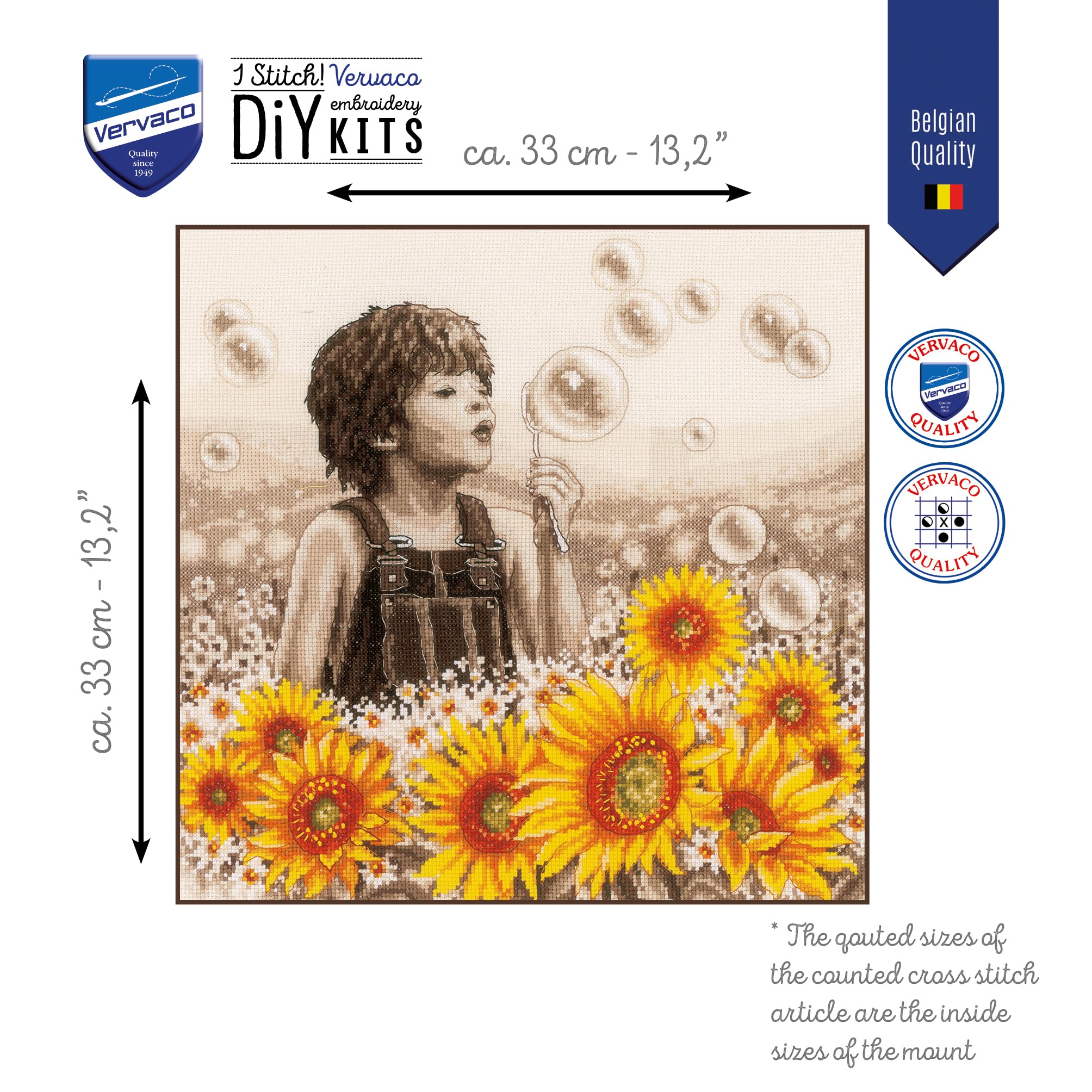 VERVACO Haft Krzyżykowy Liczony Zestaw Obraz do Haftu CHŁOPIEC ZE SŁONECZNIKAMI Zrób to Sam Zestaw Kreatywny dla Dorosłych 33 x 33 cm Dekoracja Ścienna DIY Cross Stitch Kit